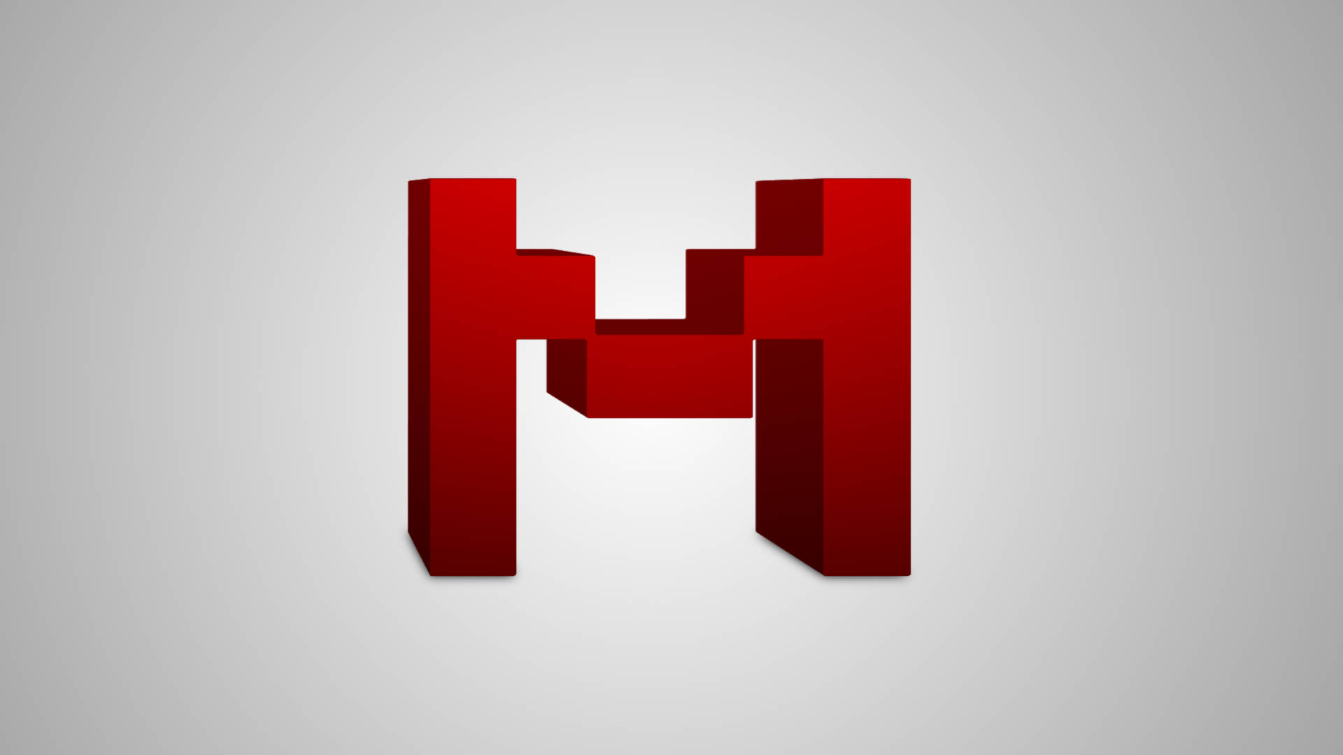 Markiplier 紅色標誌 壁紙 — 一個大膽的紅色3D字母M，帶有塊狀幾何形狀，居中於柔和的灰色漸變背景上。