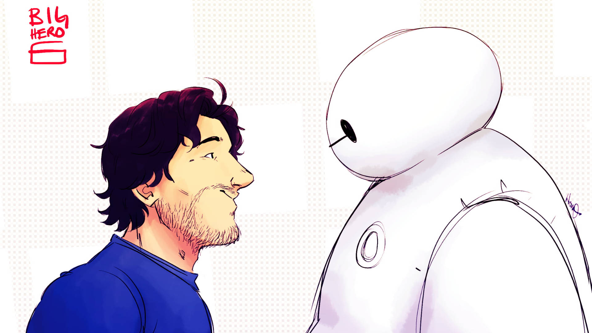 Markiplier 與 Baymax 壁紙 — 一個深色頭髮和鬍鬚的男人在圓點背景前對《大英雄聯盟》中的大型白色Baymax機械人溫暖地微笑。