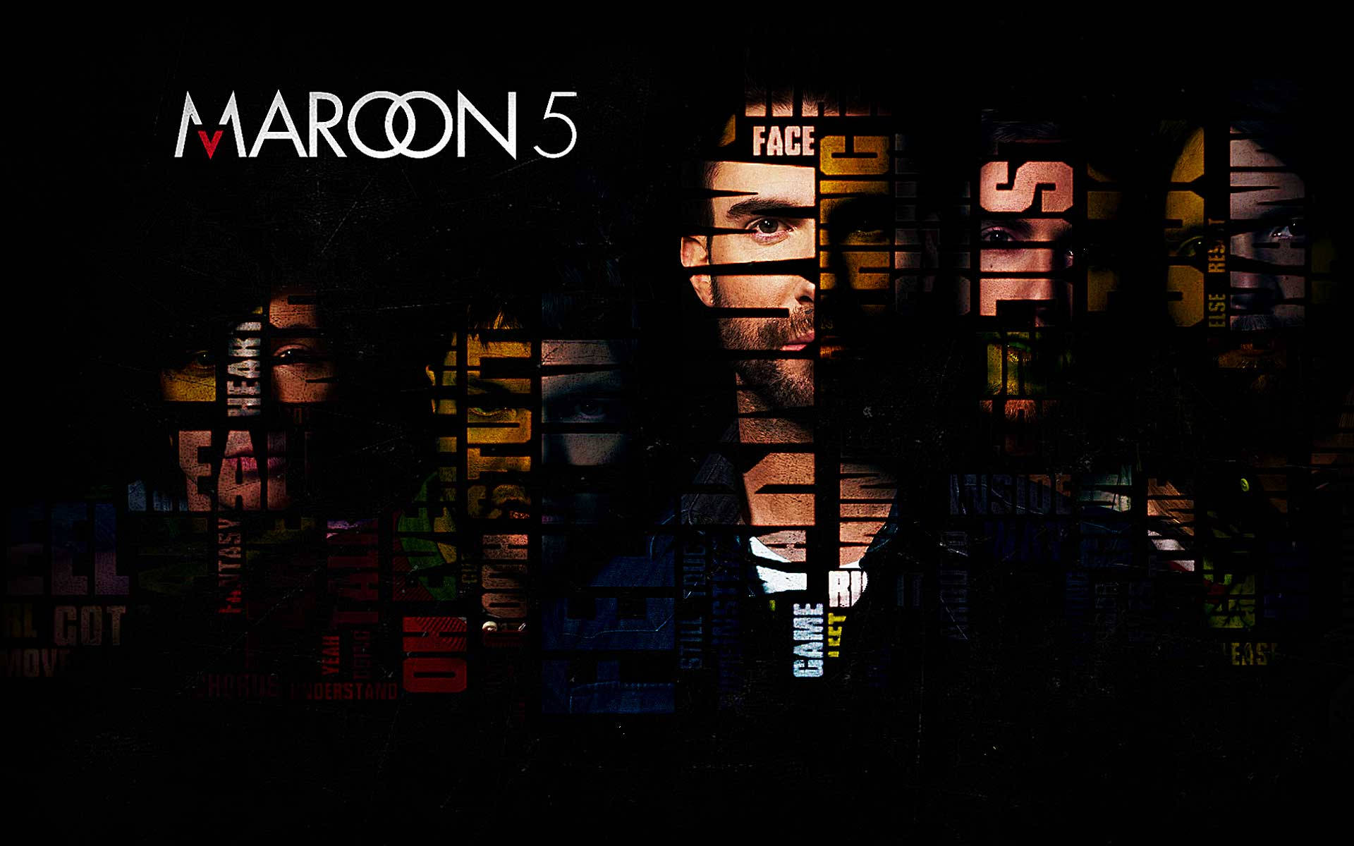 Maroon 5 面部印於文字黑底壁紙 壁紙 — Maroon 5 嘅 Adam Levine 嘅黑暗風格肖像，通過彩色文字疊加同網格線碎片化。
