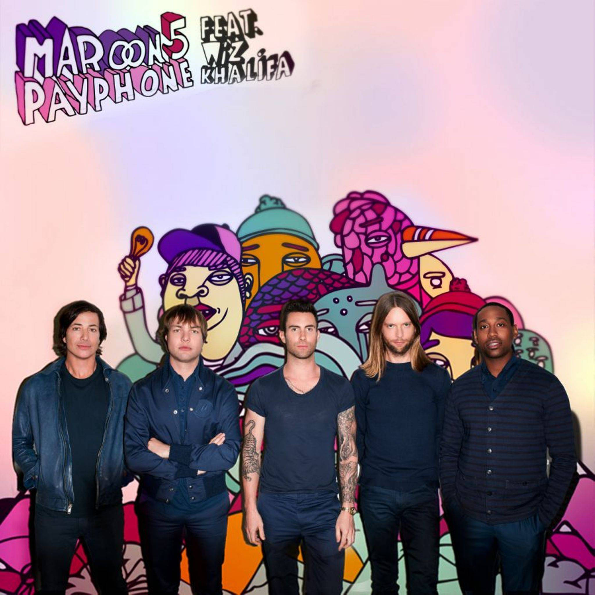Maroon 5《Payphone》單曲專輯封面 壁紙 — 五個身穿深色衣服的男人站在一幅充滿活力的塗鴉風格壁畫前，壁畫上有卡通人物和專輯文字。