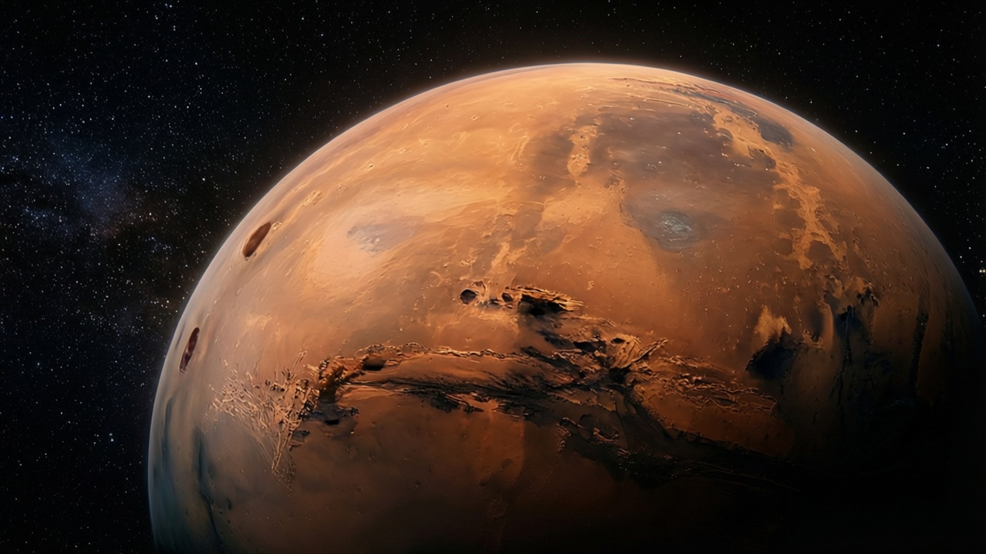 火星行星，橙色表面和隕石坑，背景為星空