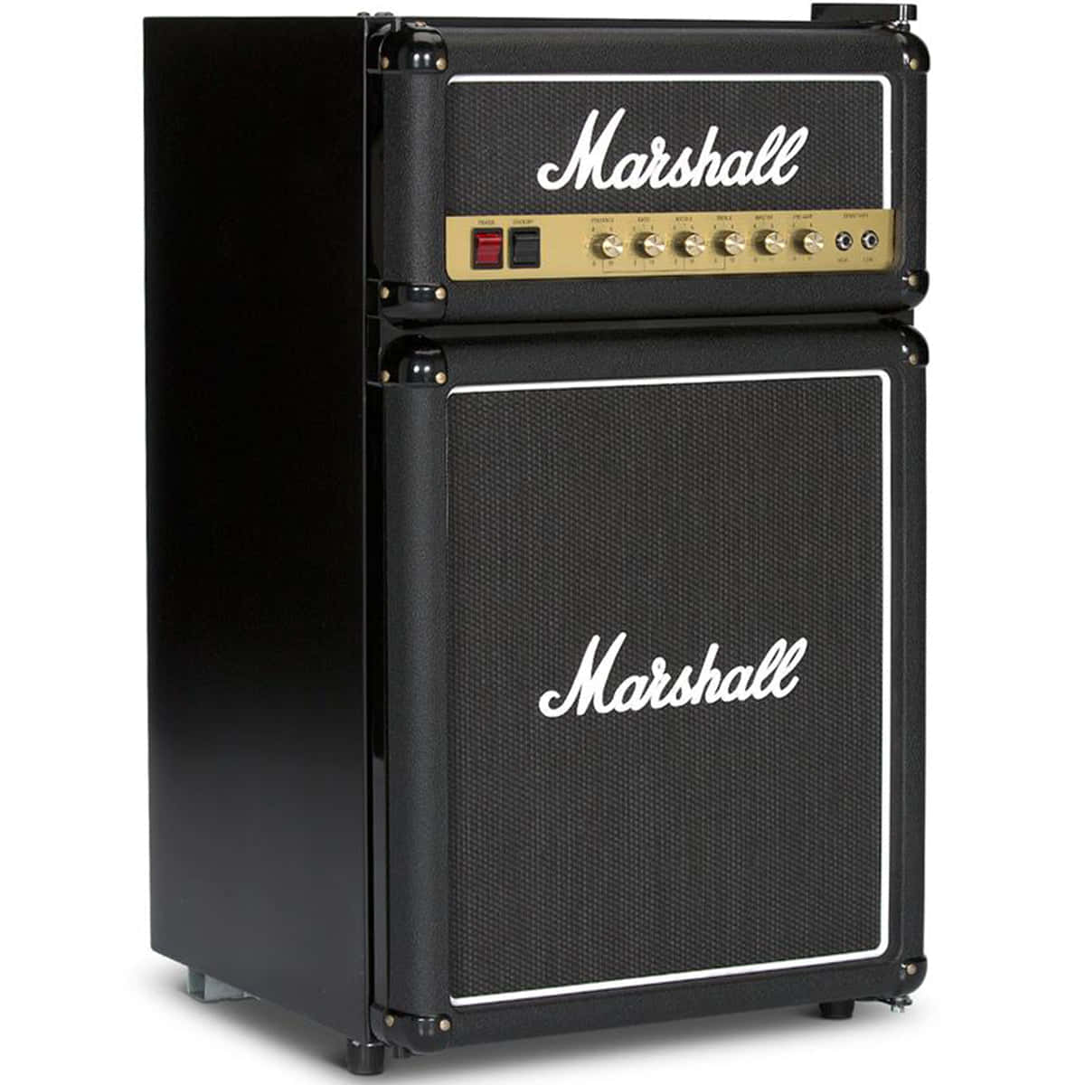 黑色Marshall結他擴音器，喇叭網上有金色旋鈕和白色標誌。