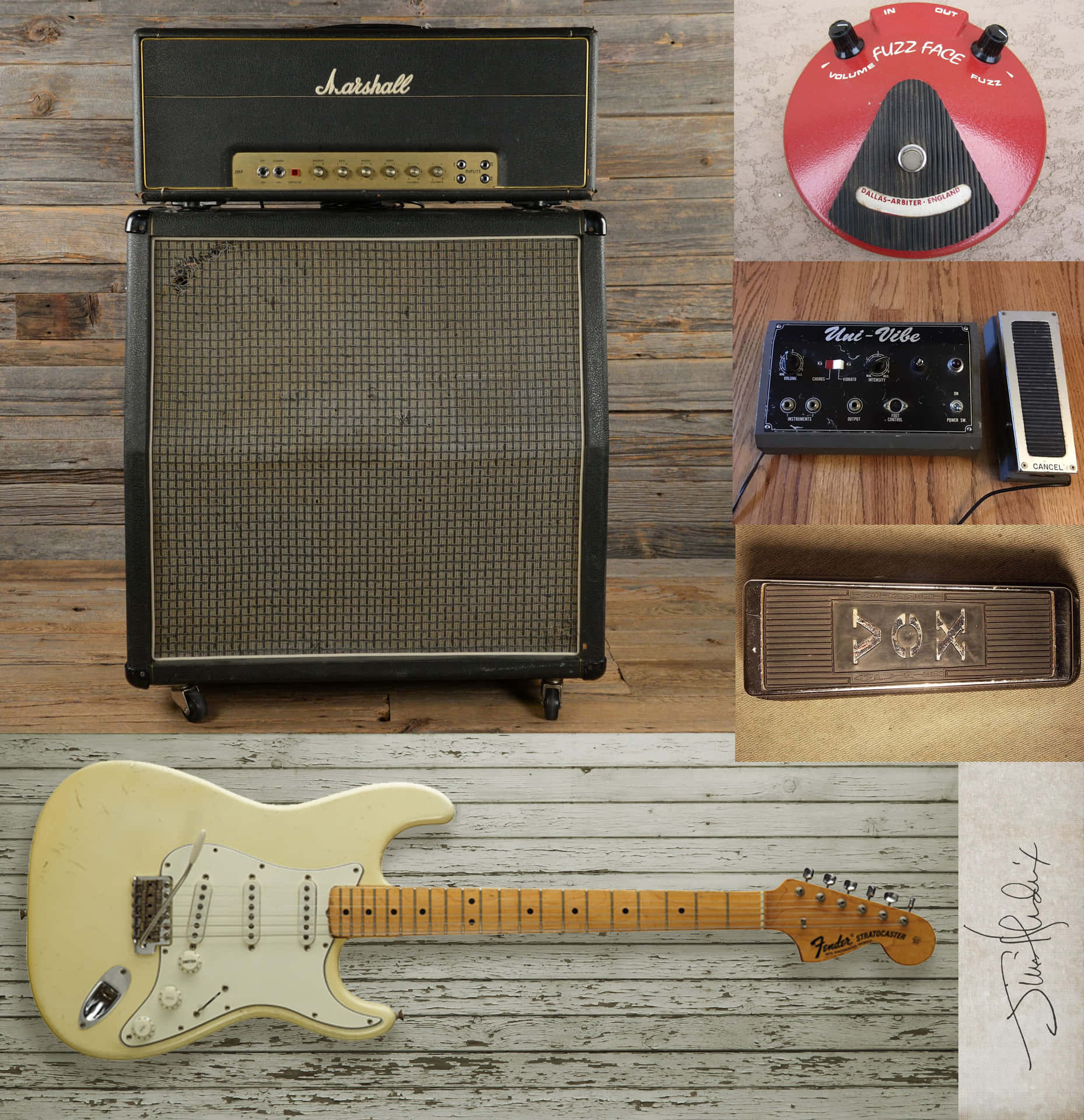 復古Fender Stratocaster結他與Marshall擴音器及效果器，置於木質表面。