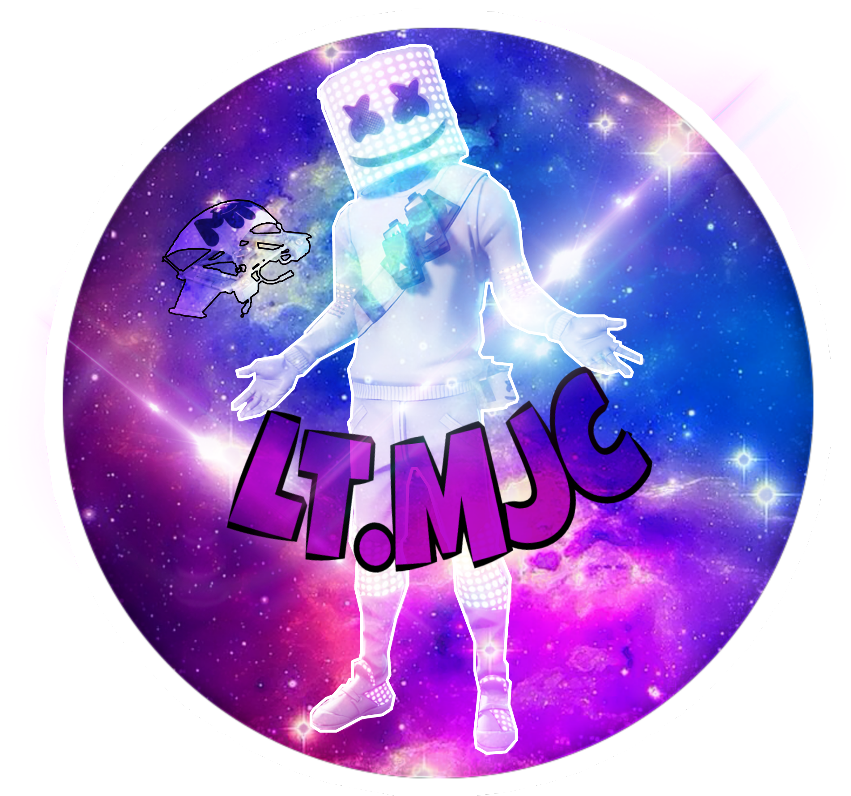 宇宙風Marshmello貼紙 壁紙 — 一個發光的Marshmello人物站在充滿活力的宇宙場景中，旁邊有一隻小狗和粗體紫色文字。