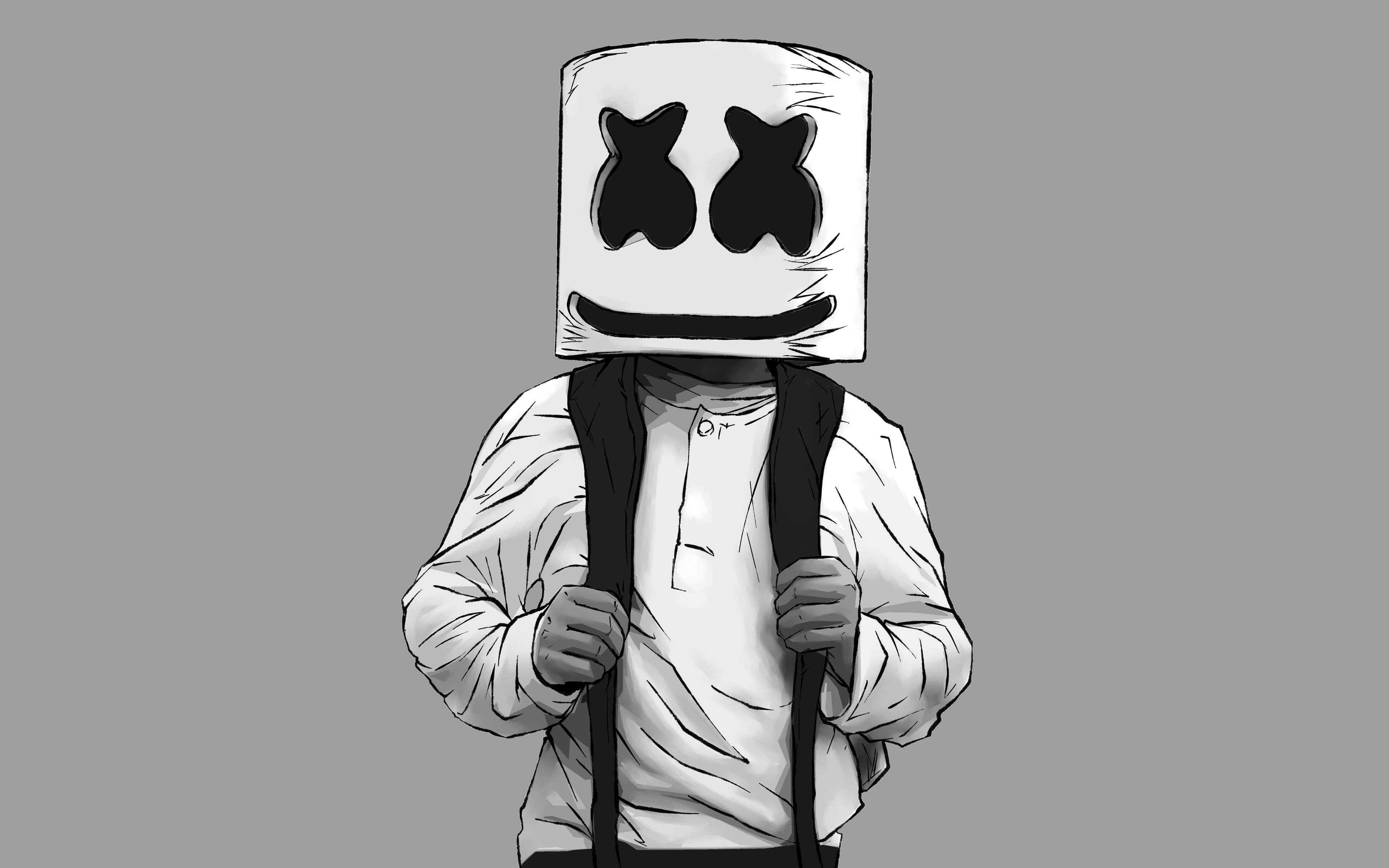 Marshmello 身著標誌性頭盔的獨特單色藝術作品 壁紙 — 一個人戴著方形棉花糖頭，有黑色X眼睛和微笑，背著背包，背景是純灰色。