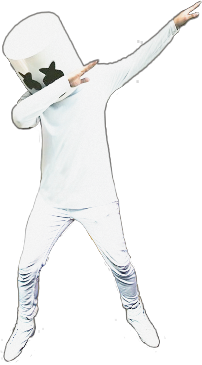 Marshmello Dab姿勢剪影 壁紙 — 一個穿著白色連身衣和棉花糖頭盔的人，在黑色背景上擺出充滿動感的 dab 姿勢。