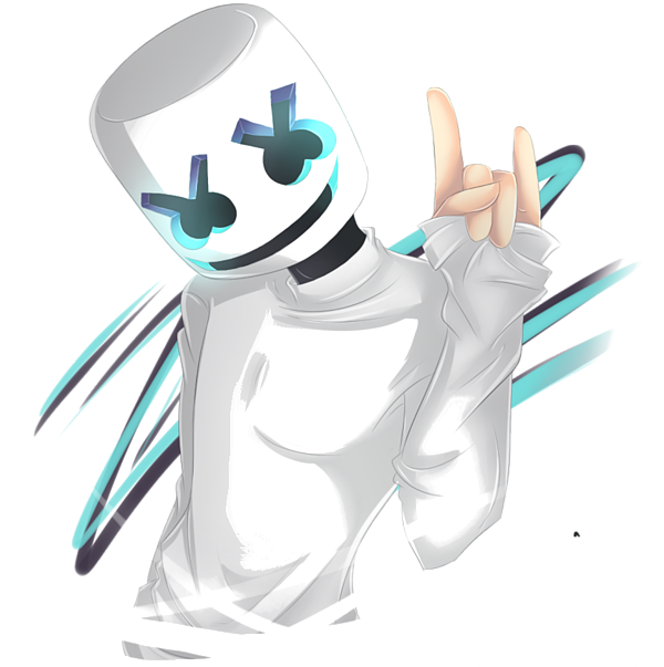 Marshmello DJ和平手勢插畫 壁紙 — 一個動漫風格角色，戴著白色棉花糖頭盔，發出藍色光芒的眼睛，並做出和平手勢。
