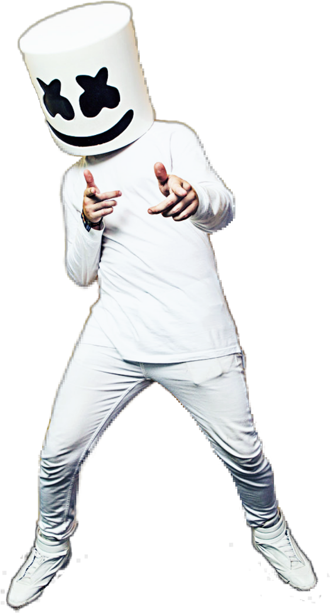 Marshmello DJ白色服裝造型 壁紙 — 一個人戴著白色棉花糖頭盔，身穿全白服裝，在黑色背景下擺出動態姿勢。