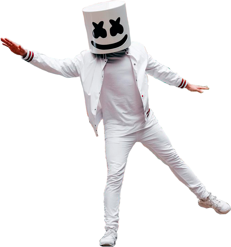 Marshmello DJ 演出姿勢 壁紙 — 一個人戴著白色棉花糖頭盔，身穿全白服裝，在黑色背景前擺出動感舞蹈姿勢。