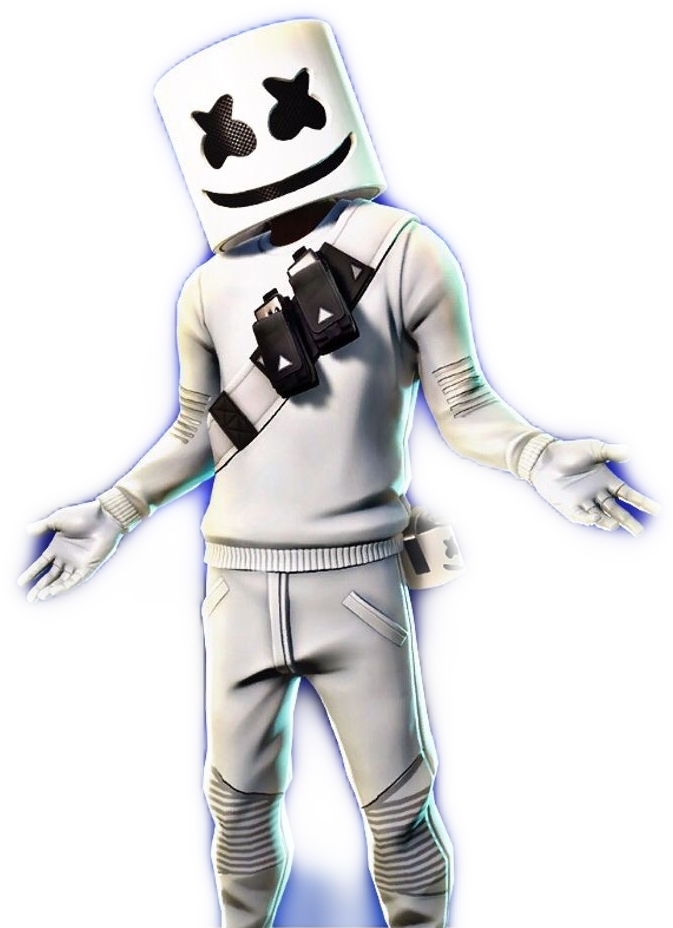 Marshmello DJ服裝造型 壁紙 — 一個風格化的棉花糖頭人物，身穿白色服裝，在黑色背景下散發著發光的藍色光環。