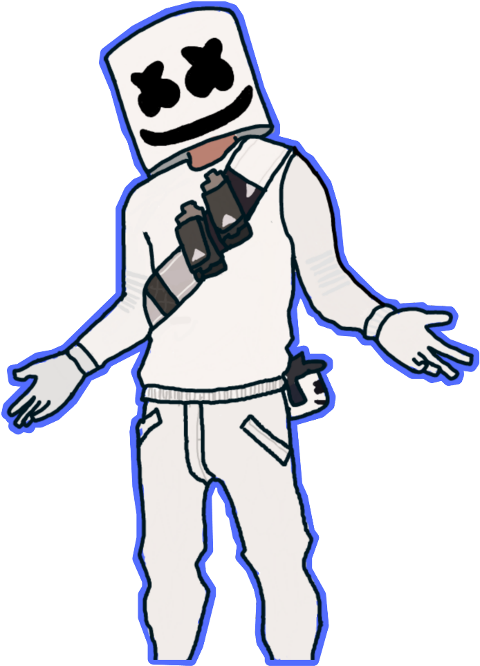 Marshmello DJ 卡通繪畫 壁紙 — 一個卡通角色，戴著白色棉花糖頭盔和藍色輪廓的服裝，雙臂張開站立。