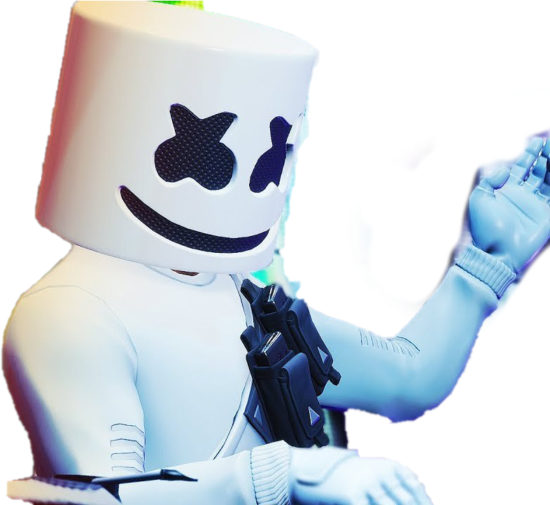 Marshmello 與Fortnite跨界合作 壁紙 — 一個風格化的白色棉花糖頭人物，帶著微笑的臉和黑色眼洞，在黑暗背景前揮手。
