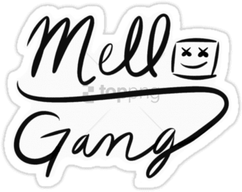 Marshmello Gang標誌貼紙設計 壁紙 — 粗體黑色手寫文字寫著「Mell Gang」，並有一個微笑的棉花糖臉標誌，背景為純黑色。