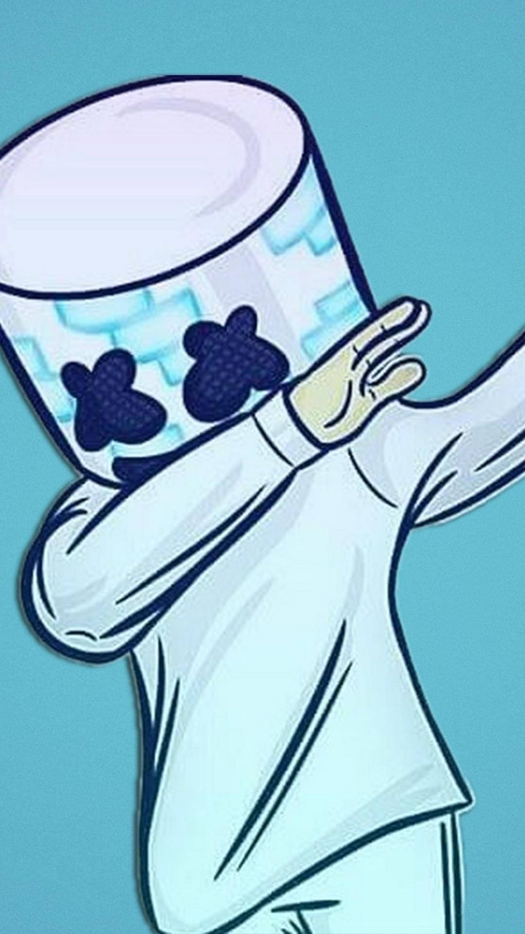 Marshmello iPhone 摆手姿勢插畫 壁紙 — 一個卡通角色，頭部是棉花糖，眼睛是黑色花朵，在淺藍色背景上跳舞。
