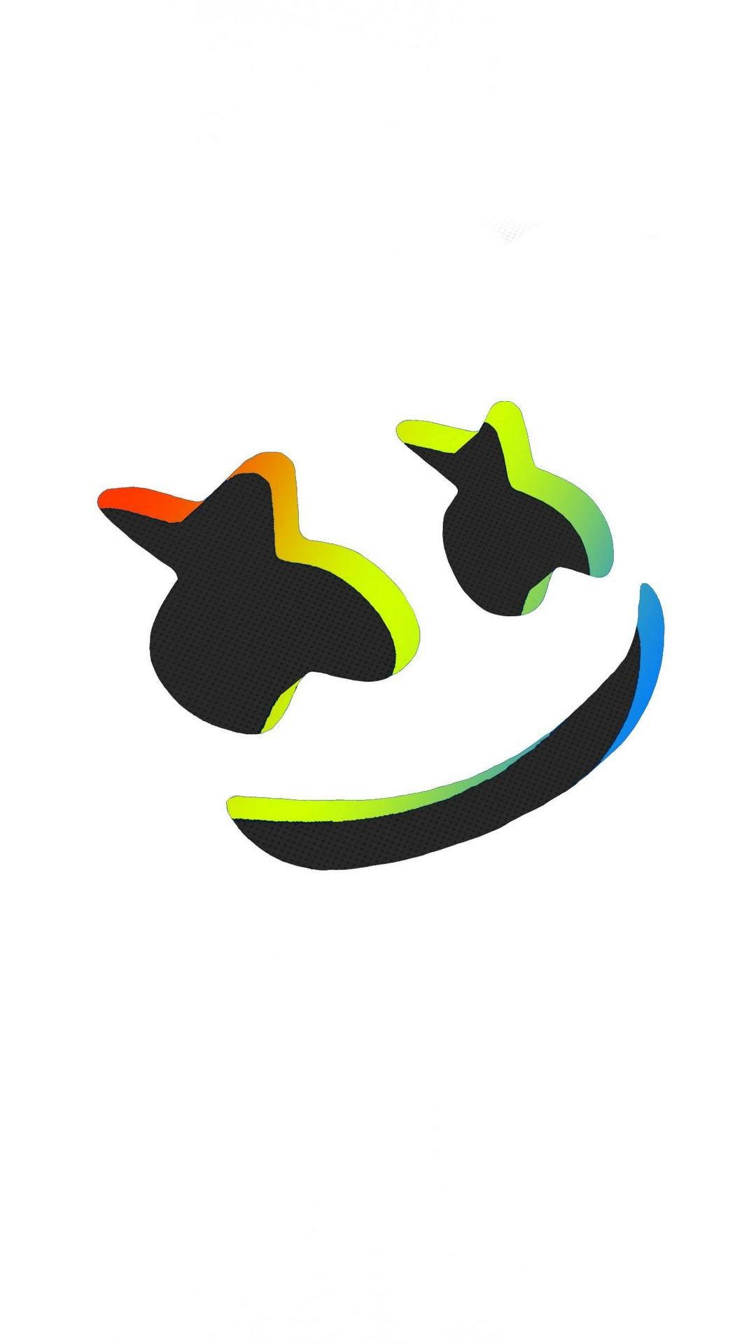 Marshmello iPhone 可愛極簡風格 壁紙 — 一個風格化的笑臉，在黑色形狀上帶有漸變彩虹色調，背景為純白色。