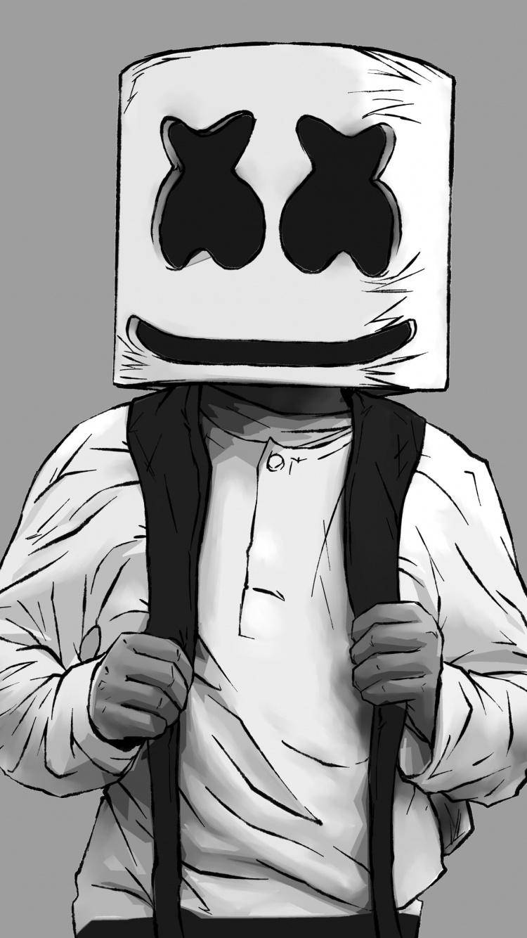 Marshmello iPhone 草圖藝術 壁紙 — 一個風格化插圖，描繪一個人戴著方形棉花糖面具，面具上有X形眼睛和微笑，同時握著背包帶。