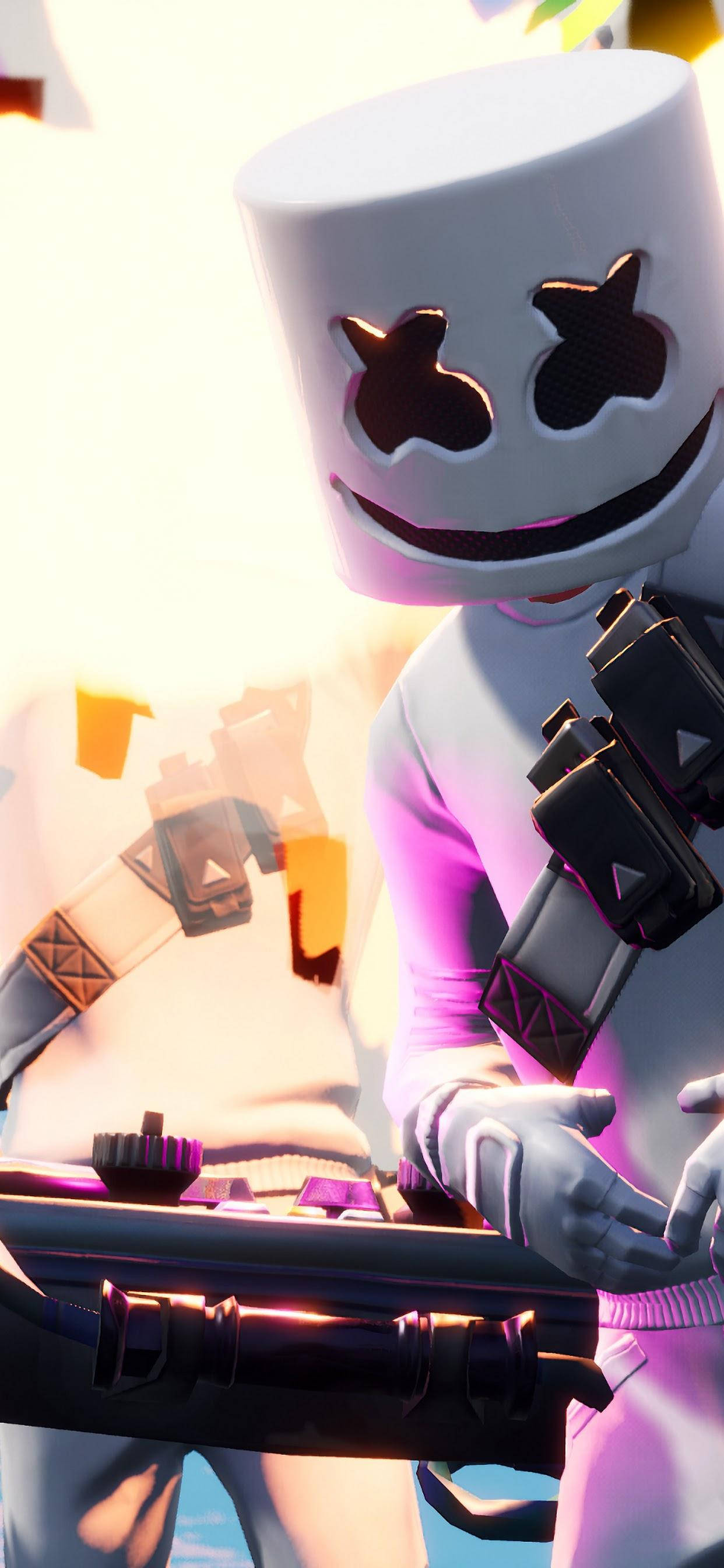 Marshmello iPhone 演出時刻 壁紙 — 一位數碼藝術家戴著白色棉花糖頭盔，有星星眼睛和咧嘴笑，穿著紫色服裝，在明亮發光的背景前拿著未來風格的控制器。