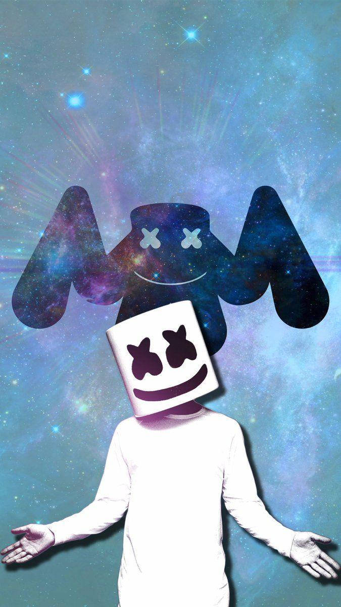 Marshmello iPhone 星際背景 壁紙 — 一個戴著白色棉花糖面具的人張開雙臂，背景是宇宙星系，有一個微笑的蝙蝠剪影。
