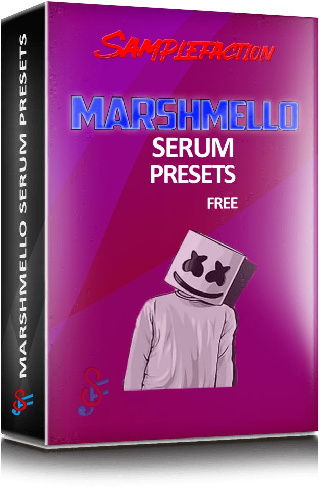Marshmello Serum預設包封面 壁紙 — 一個充滿活力的紫色盒子，上面有Marshmello角色和發光文字，宣傳免費的Serum預設。