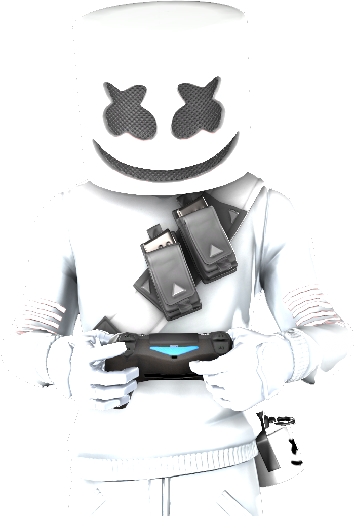 Marshmello 遊戲控制器姿勢 壁紙 — 一個白色棉花糖頭像，身穿白色服裝，手持帶有藍色發光裝飾的黑色遊戲控制器。