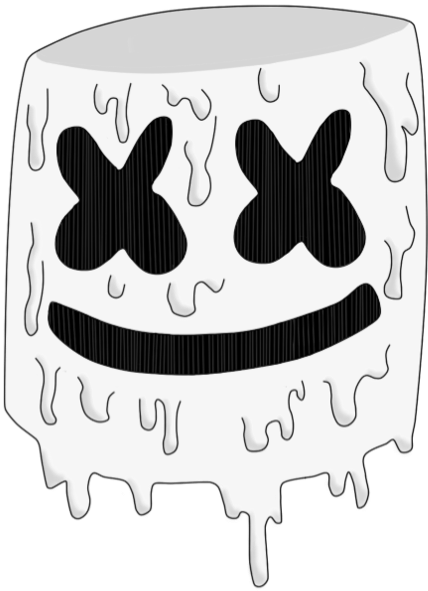 Marshmello頭盔圖標 壁紙 — 一個滴落的白色棉花糖，帶有黑色X眼睛和寬闊的笑容，在純黑色背景上。