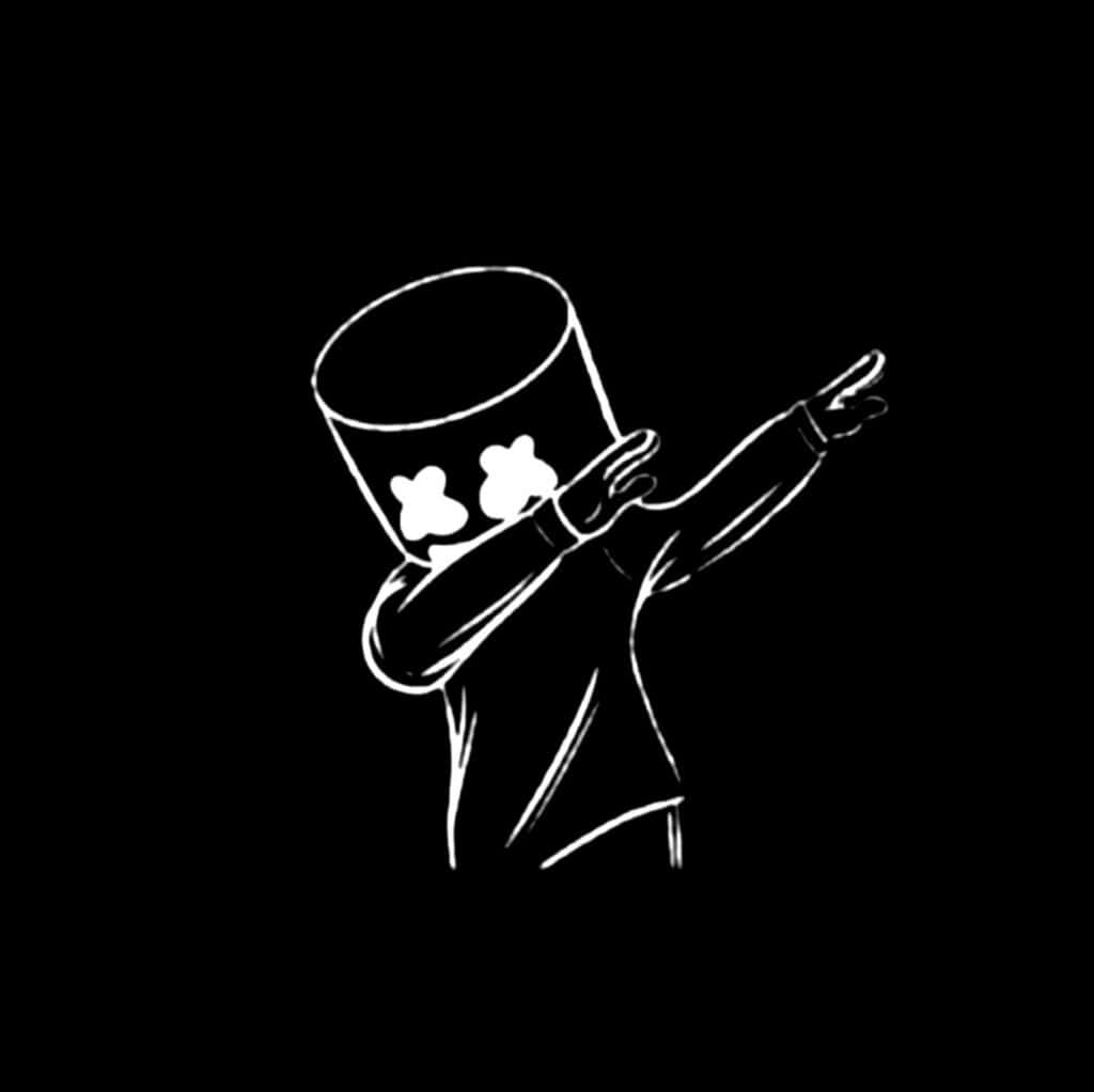 在黑色背景上用白色線條繪製的 Marshmello 角色 dab 姿勢。