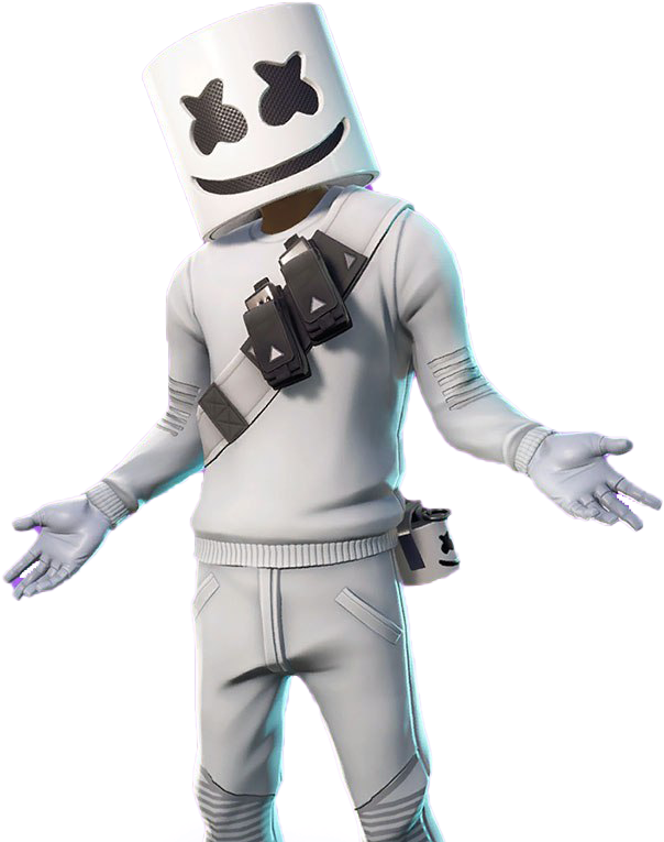 Marshmello《Fortnite》角色造型 壁紙 — 一個3D渲染的角色，戴著白色棉花糖頭盔，穿著相配的服裝，配有黑色裝備帶，站在黑色背景前。