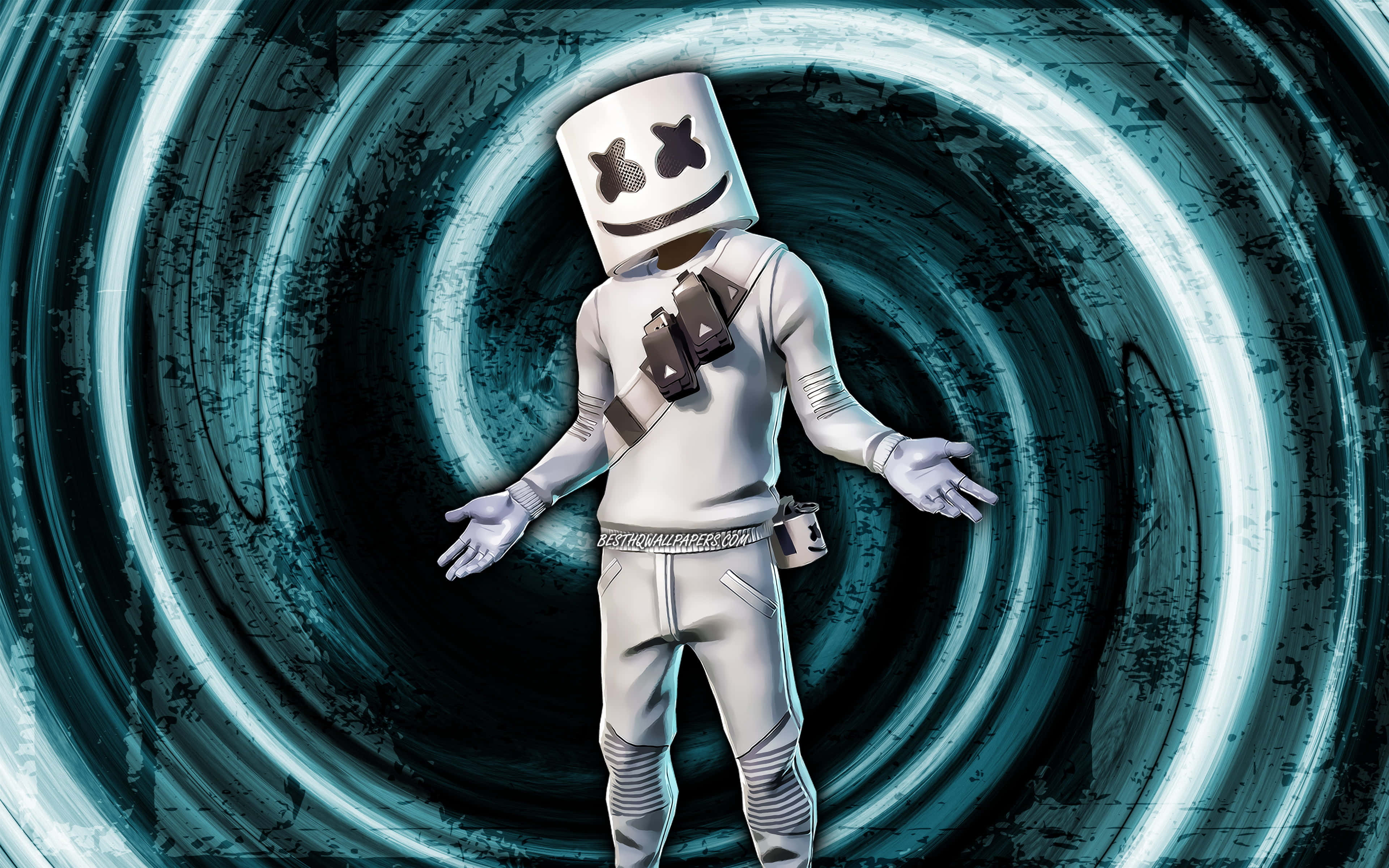與Marshmello在《Fortnite》中感受節奏！ 壁紙 — 一位戴著白色棉花糖頭盔的DJ站在舞台中央，被發光的藍色同心圓環環繞，背景為深色紋理。