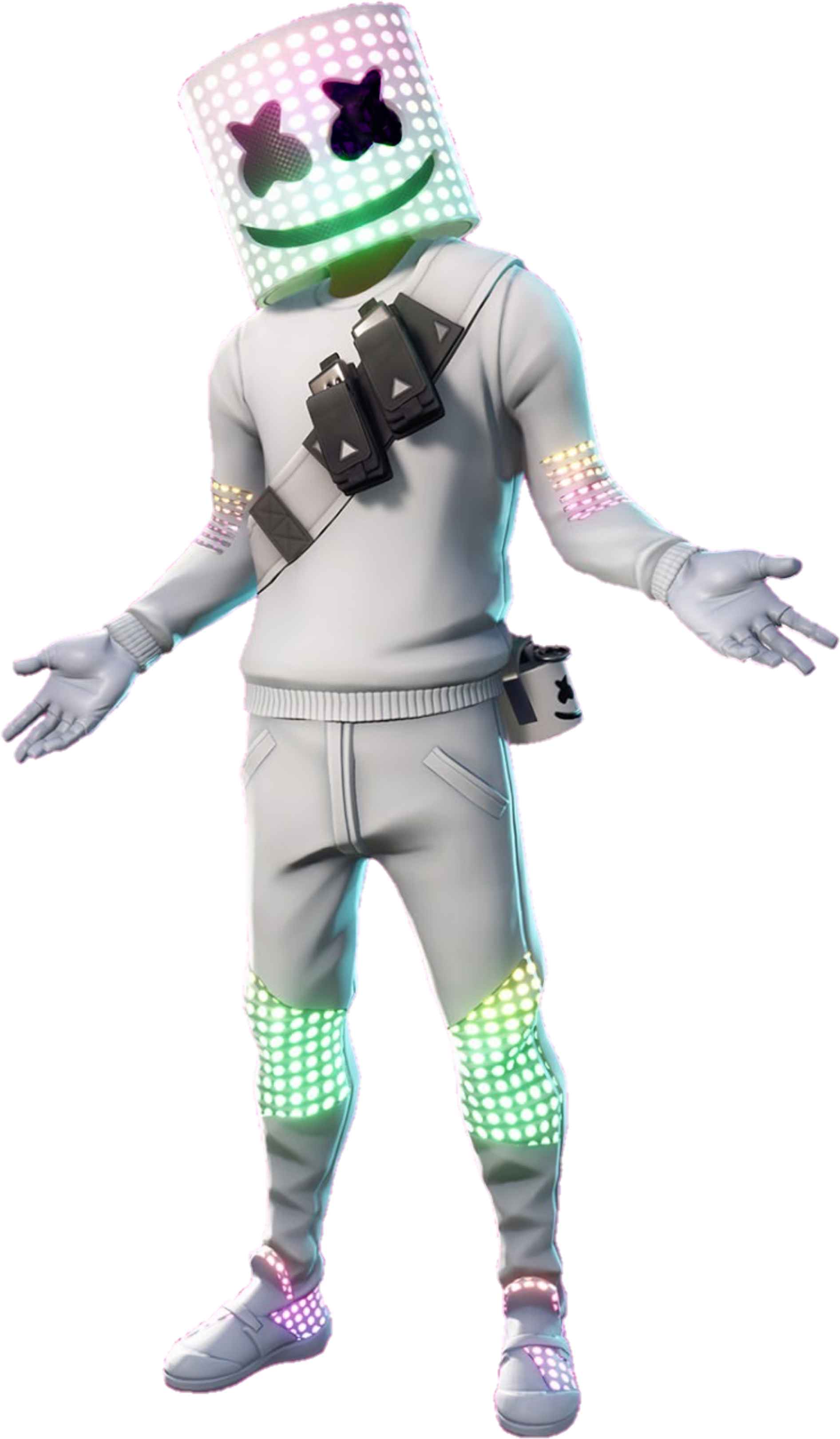 Marshmello《Fortnite》遊戲造型 壁紙 — 一個發光的棉花糖頭DJ，身穿白色服裝，四肢和臉部有霓虹燈，背景為黑色。