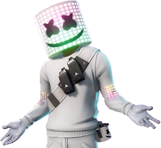 Marshmello《Fortnite》聯名角色 壁紙 — 一個發光的棉花糖頭DJ，身穿白色服裝，帶有霓虹色點綴，在黑色背景上露出燦爛的笑容。