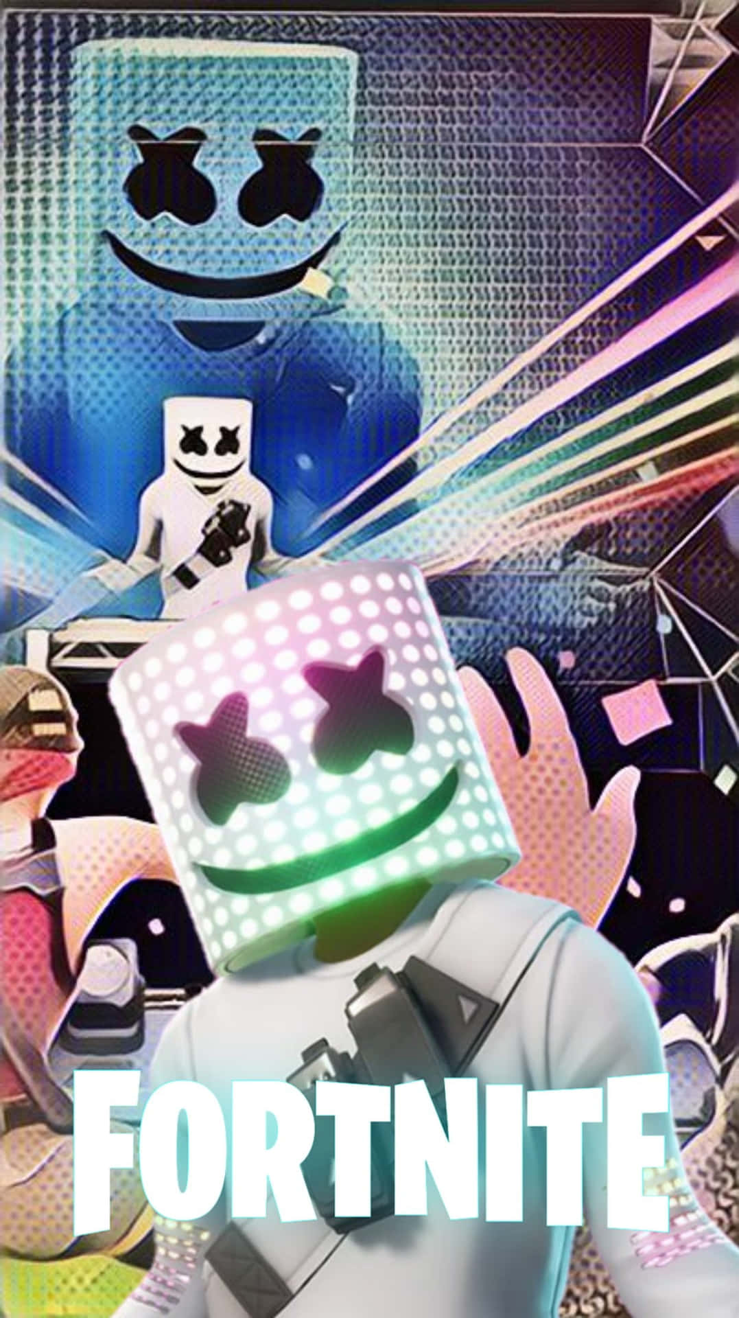 Fortnite角色，發光立方體頭部和星星眼睛，在霓虹數位競技場中。