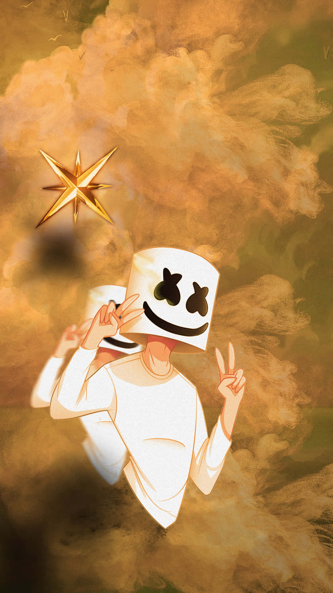 戴白色棉花糖頭盔的人，在煙霧背景中做出和平手勢，伴隨金色星星。