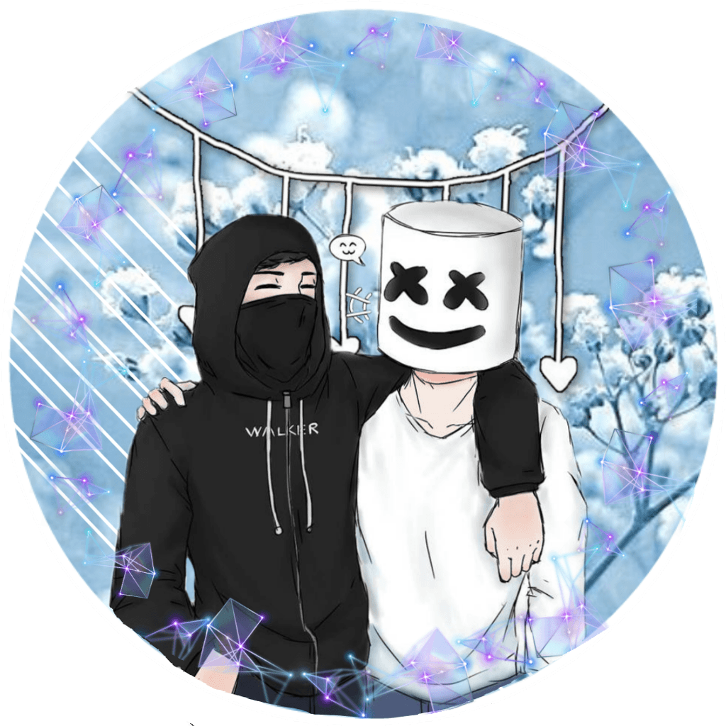 Marshmello與友人粉絲藝術畫 壁紙 — 兩個人物，一個穿黑色連帽衫，另一個戴白色棉花糖面具，在星空下緊密站立，周圍有發光的紫色幾何圖案。