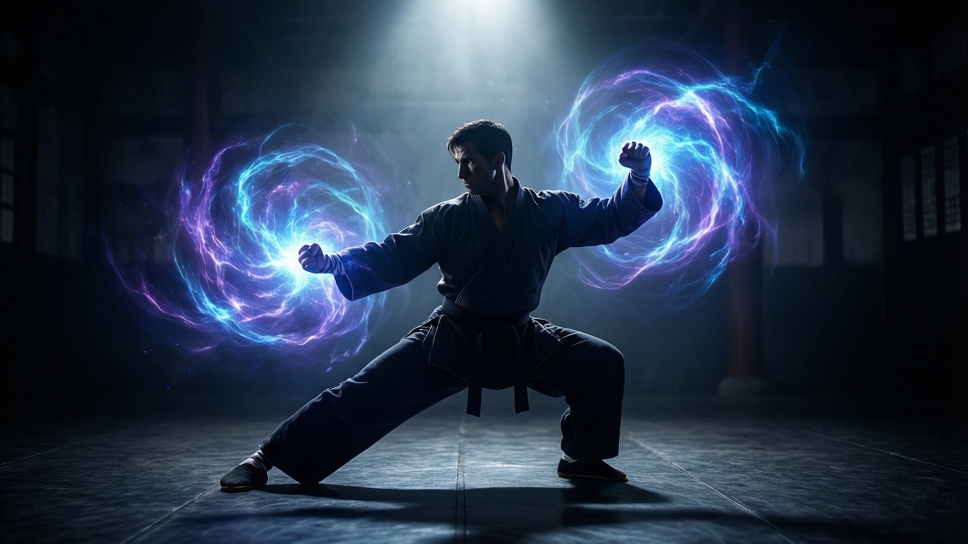Martial Art 桌布 壁紙 — 一位武術家在黑暗的道場中，在單一聚光燈下從拳頭中引導出發光的藍色和紫色能量螺旋。