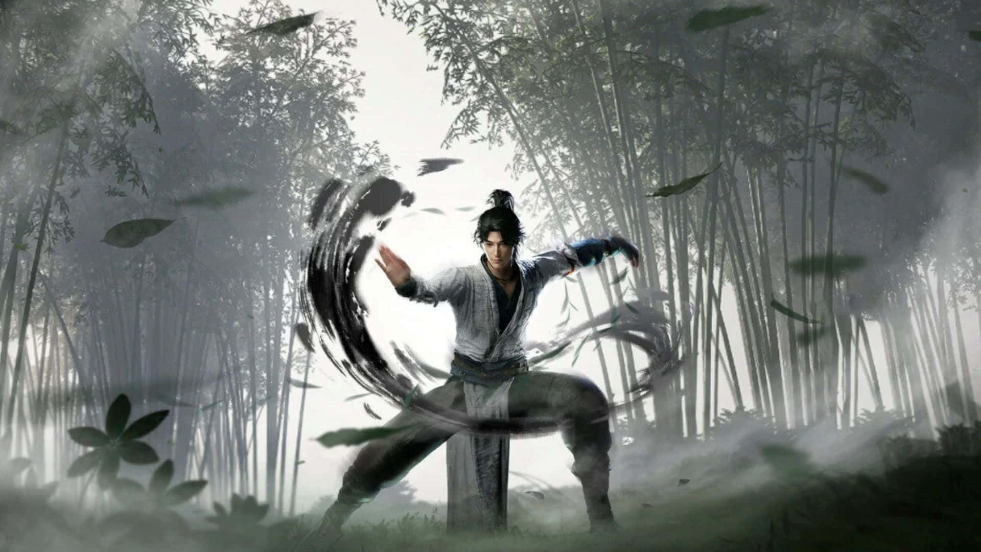  壁紙 — 一位武術家在竹林裡將黑暗能量引導成圍繞他伸出的雙手的旋轉渦流。
