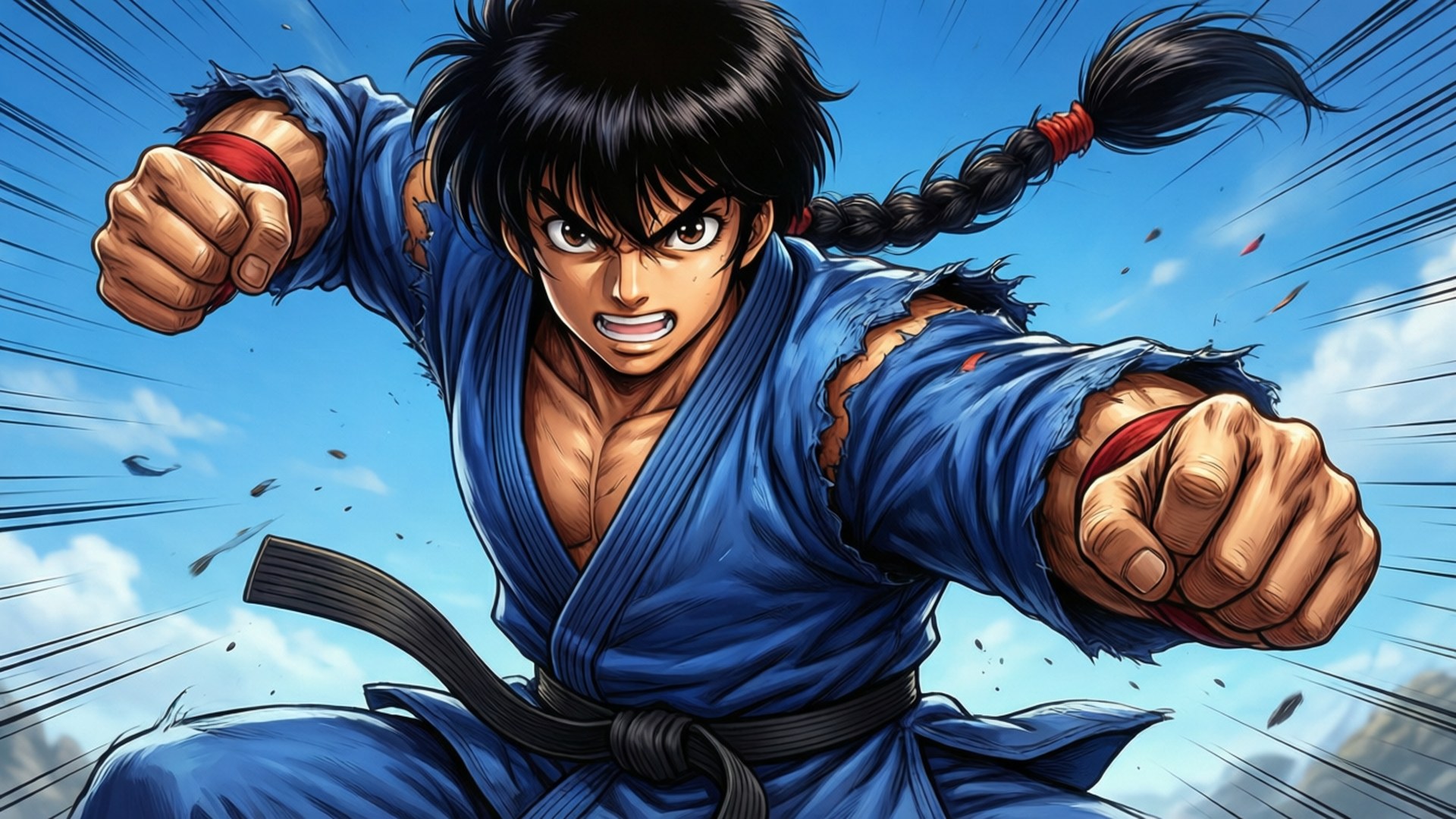 動漫武術家身穿藍色道服，發出強力一拳。