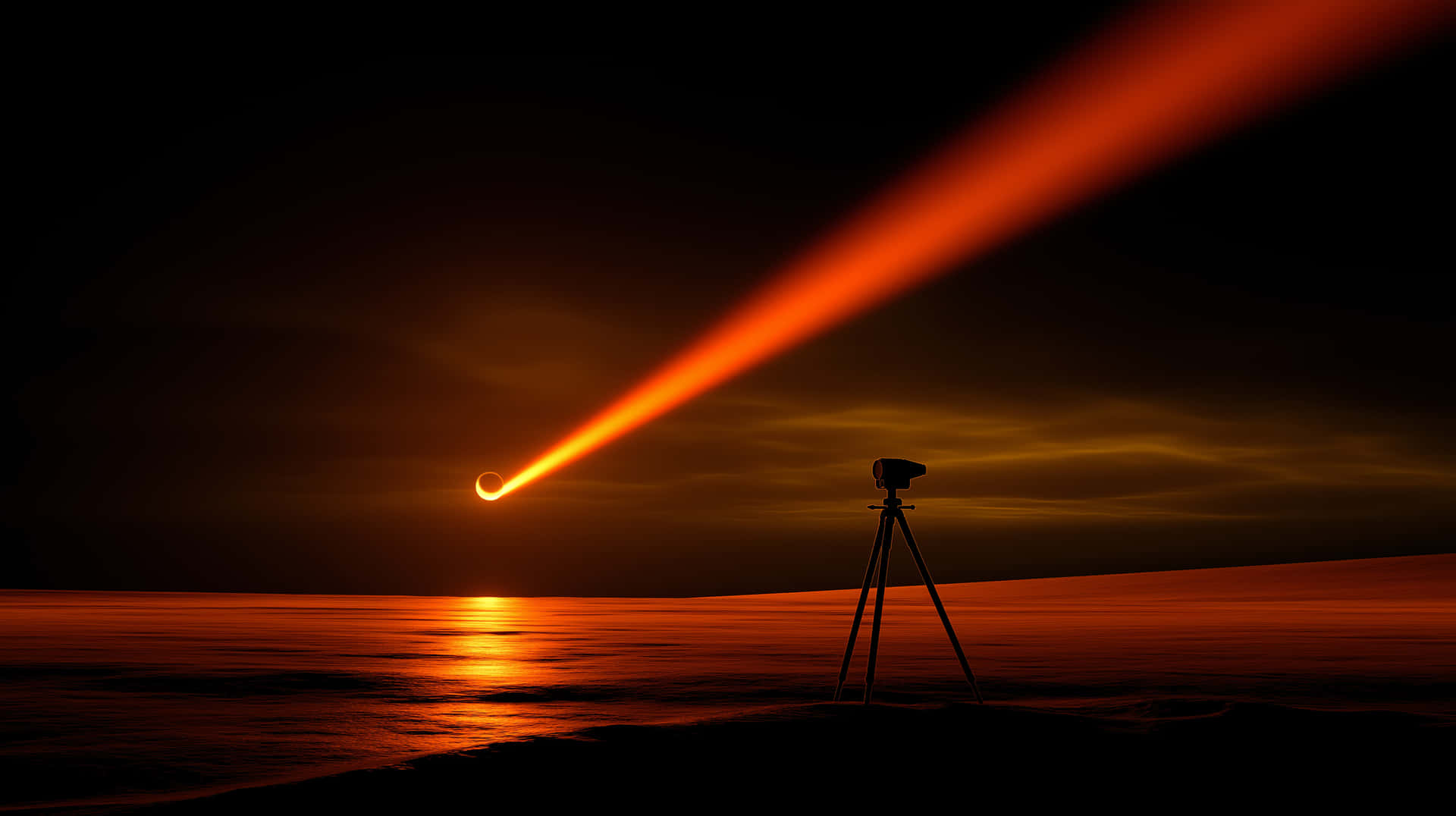 Martian Energy Beam: Sci-Fi Landscape with Tripod & Sunrise 壁紙 — 三腳架上的相機捕捉到戲劇性的日落，一顆發光的彗星劃過平靜海洋上空火橙色的天空。