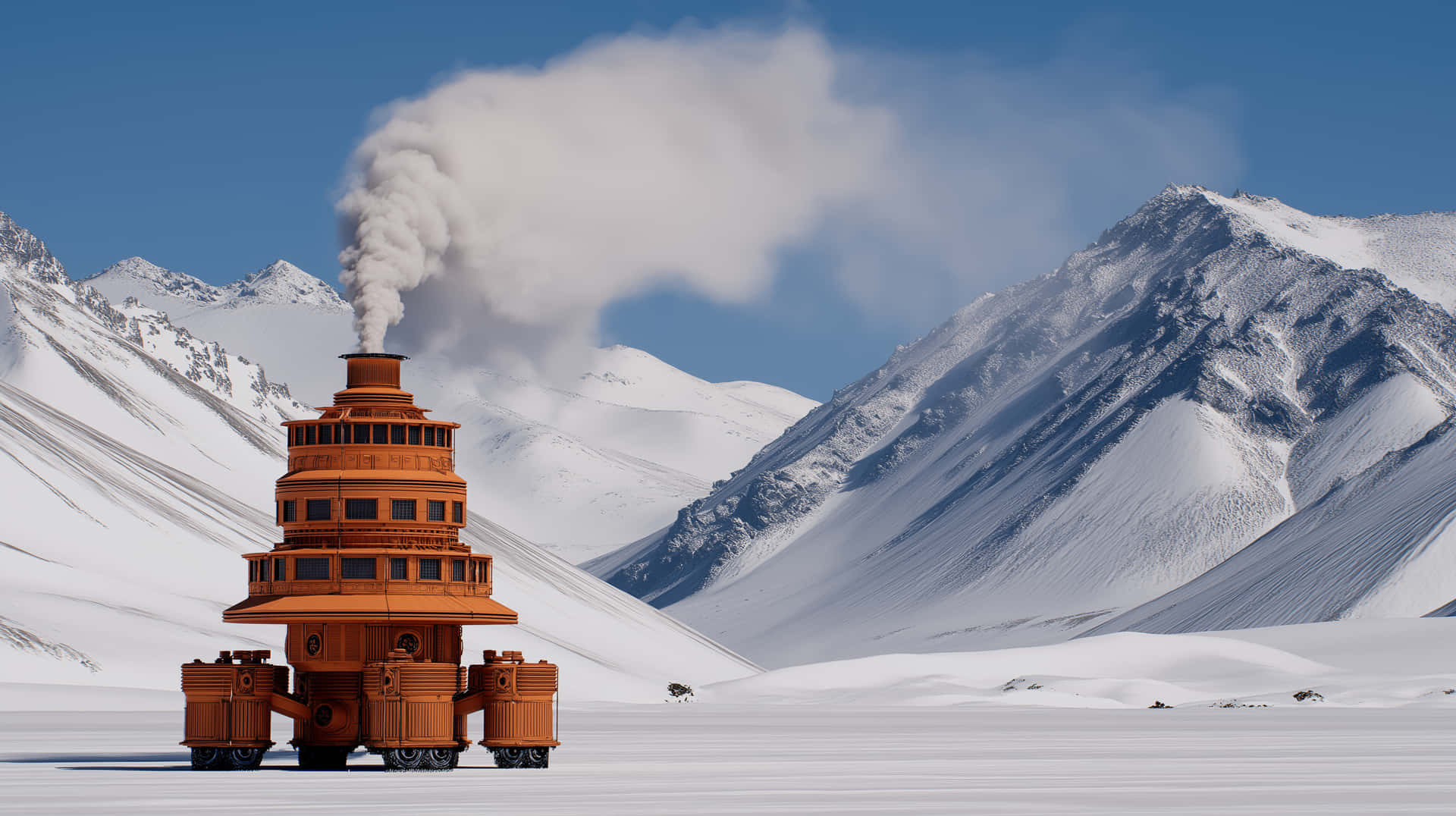 在積雪山景中排放煙霧的橙色工業車輛