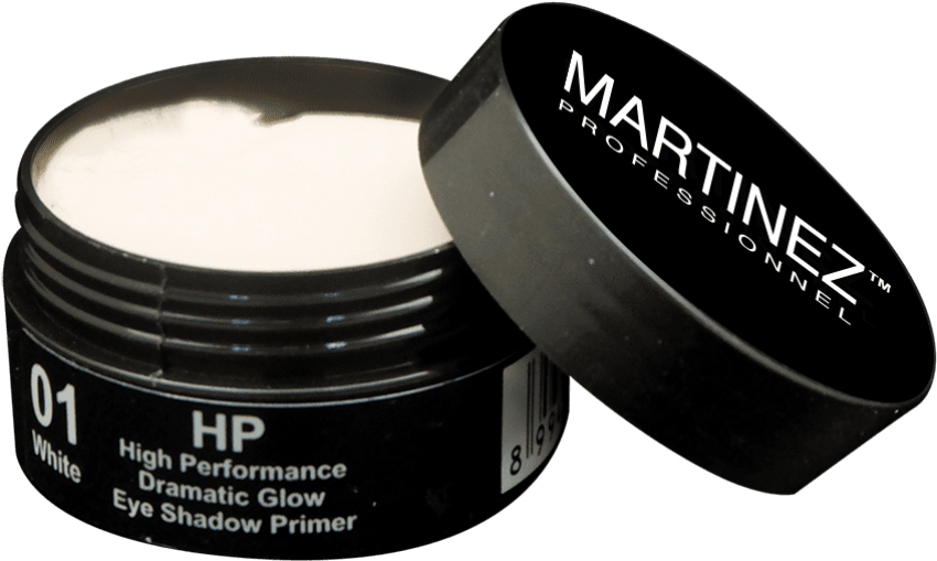 Martinez專業眼影打底膏 壁紙 — 一個時尚的黑色罐子，裝有Martinez Professional白色眼影底霜，蓋子打開，放在深色背景上。