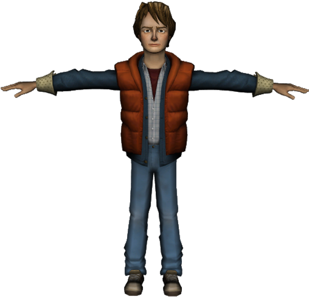 Marty McFly 3D角色模型姿勢 壁紙 — 一個3D渲染的年輕男子，穿著橙色背心和藍色牛仔褲，在黑色背景下張開雙臂站立。