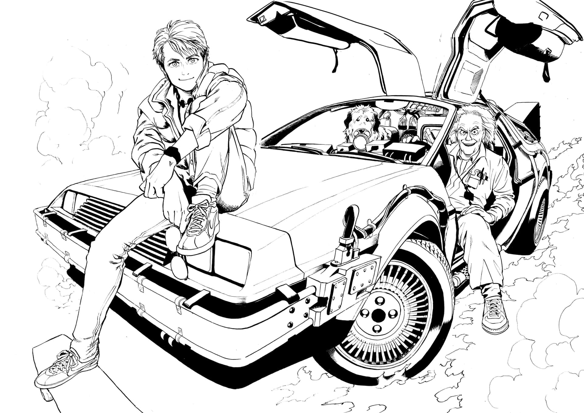  壁紙 — 一幅黑白線條藝術插圖，描繪 Marty McFly 和 Doc Brown 與 DeLorean 時光機一起擺姿勢。