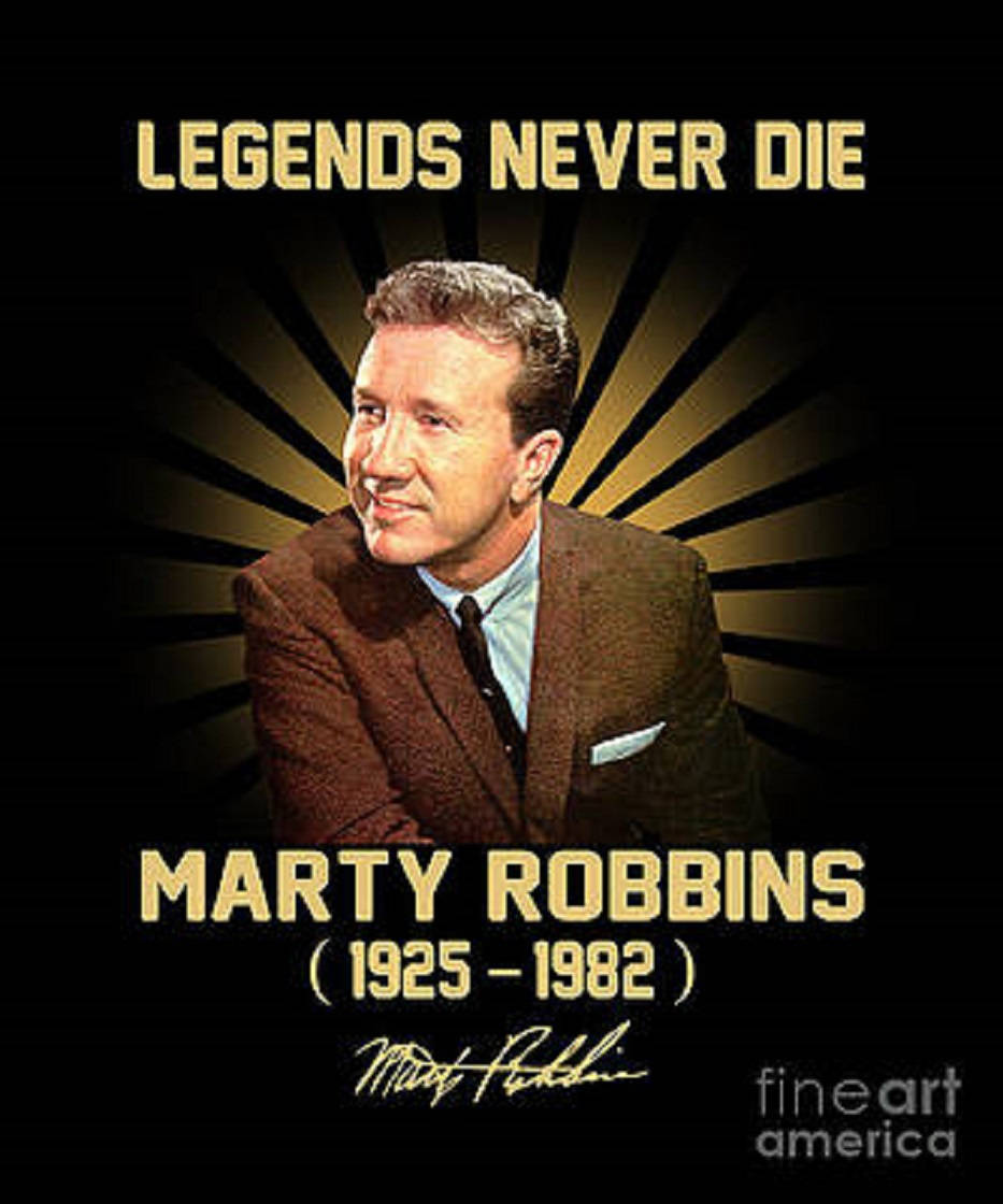 Marty Robbins 的肖像，附有文字 Legends Never Die 及其生平。
