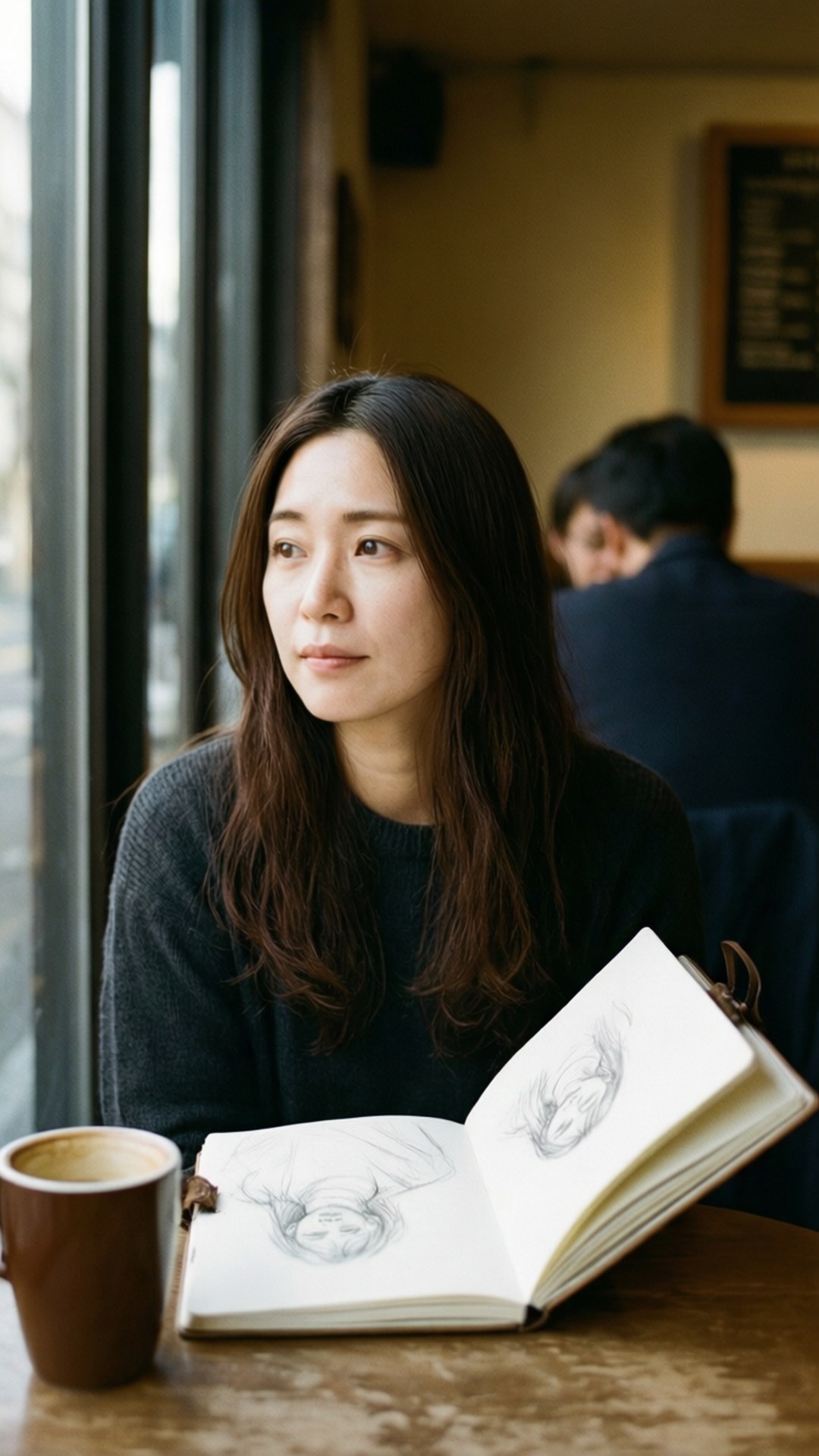 一位女性坐在咖啡廳的桌子旁，帶著素描本和咖啡杯，望著窗外。