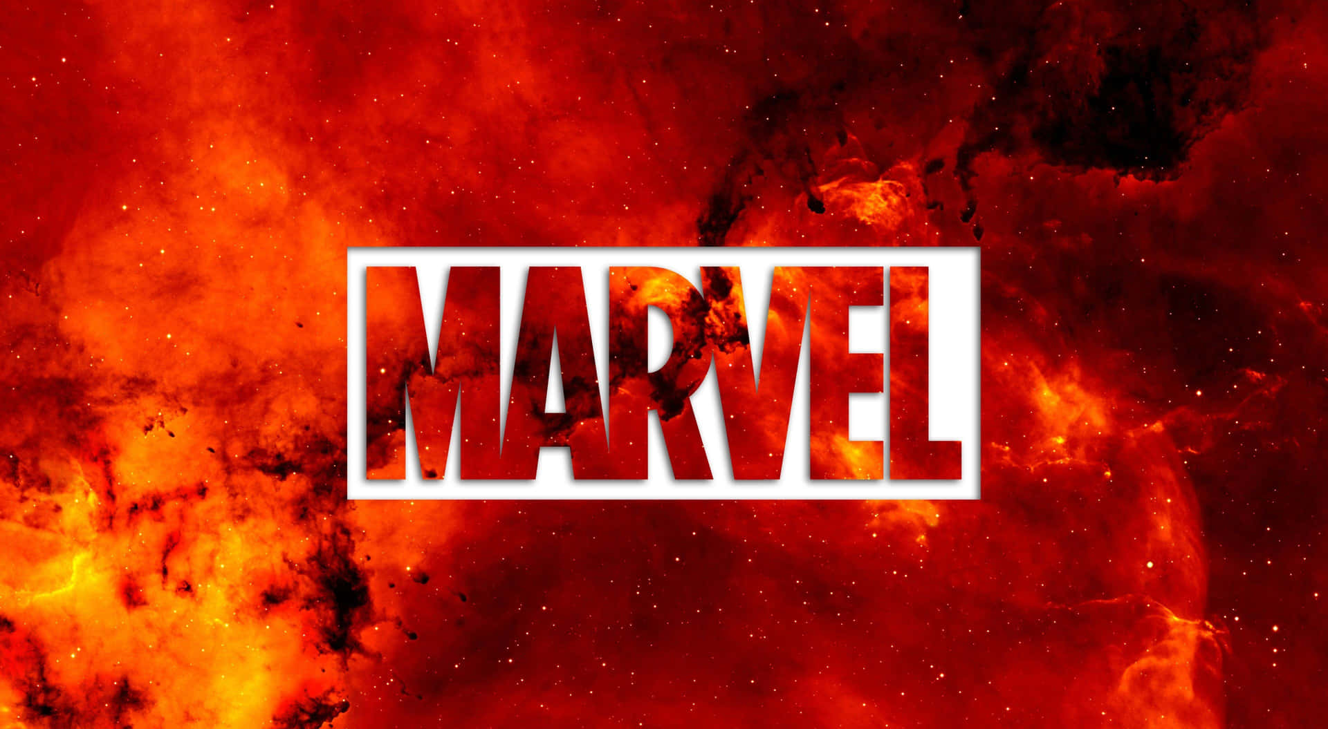 Marvel 標誌以熾熱的宇宙背景和星星為襯托。