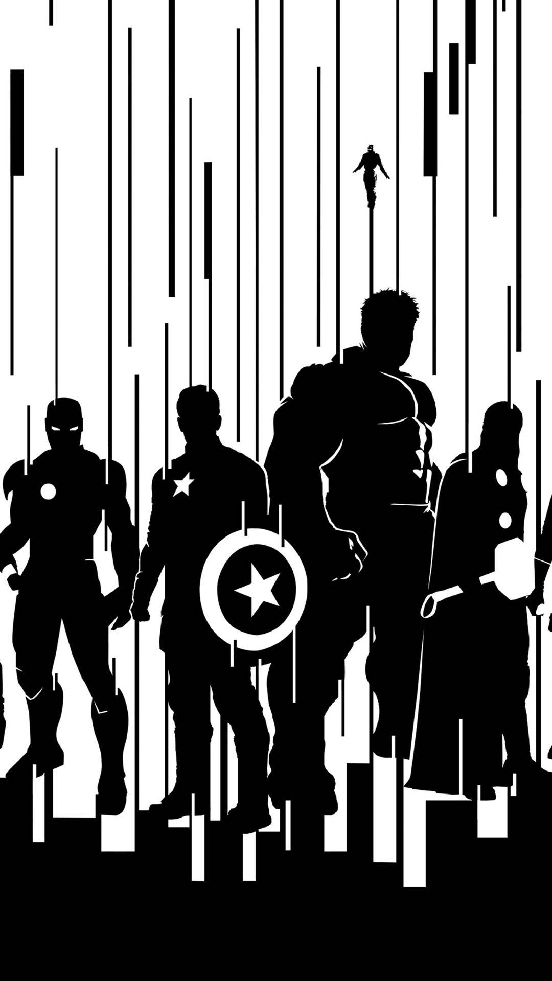 Marvel超級英雄的黑白剪影，以風格化的圖形構圖呈現。