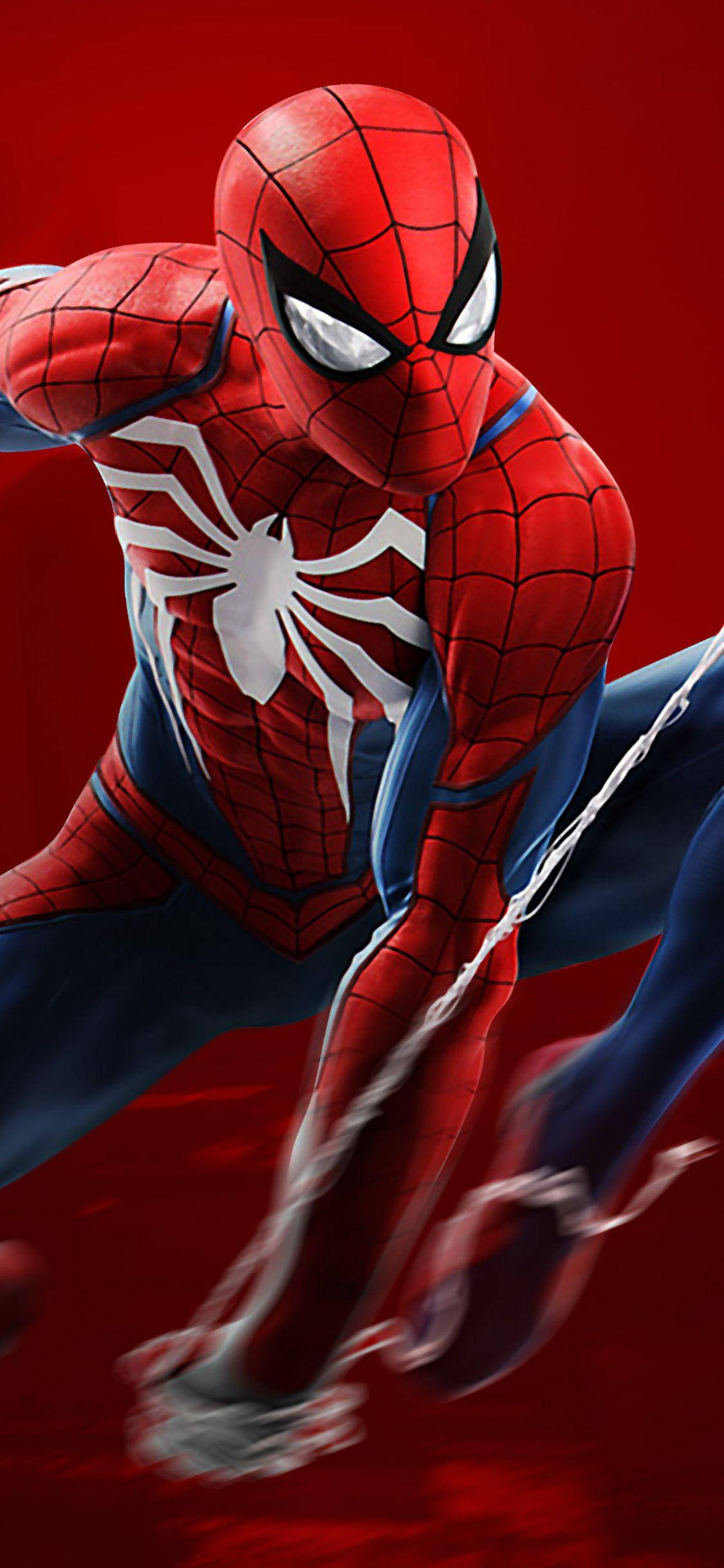 Marvel 蜘蛛俠 iPhone 壁紙 — 蜘蛛俠穿著經典紅藍戰衣，在鮮紅色背景上動態擺盪，帶有動態模糊效果。