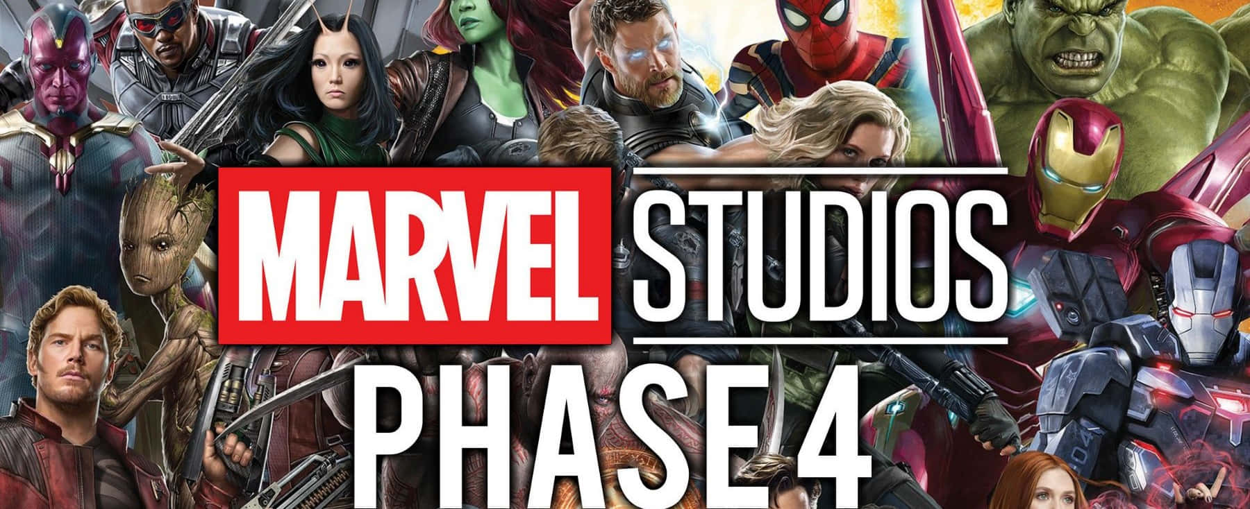 Mcu Phase Four 桌布 壁紙 — Marvel Studios 第四階段超級英雄與反派在鮮明紅白標誌背景前動態擺姿勢的充滿活力的拼貼畫。