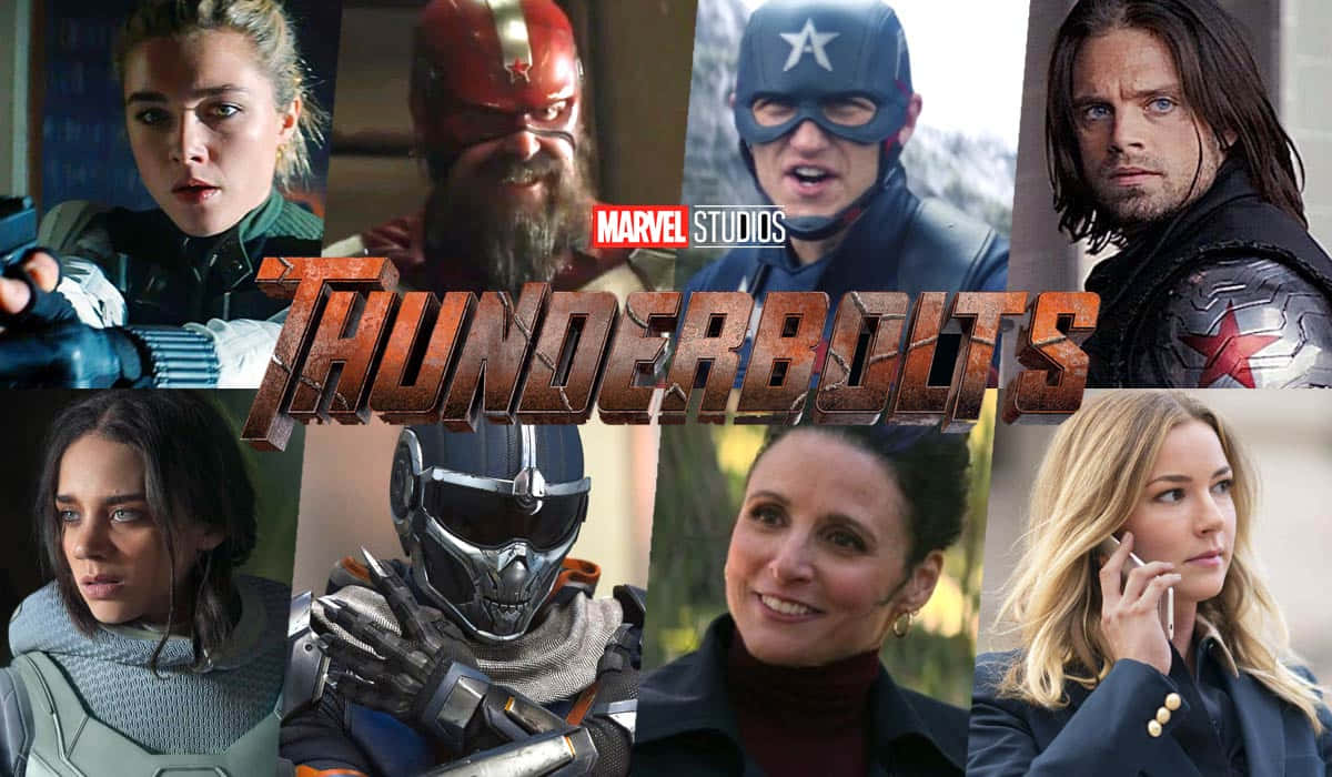 Thunderbolts 桌布 壁紙 — Marvel Studios 雷霆特攻隊角色的拼貼畫，包括美國隊長和寒冬戰士以英雄姿態出現。