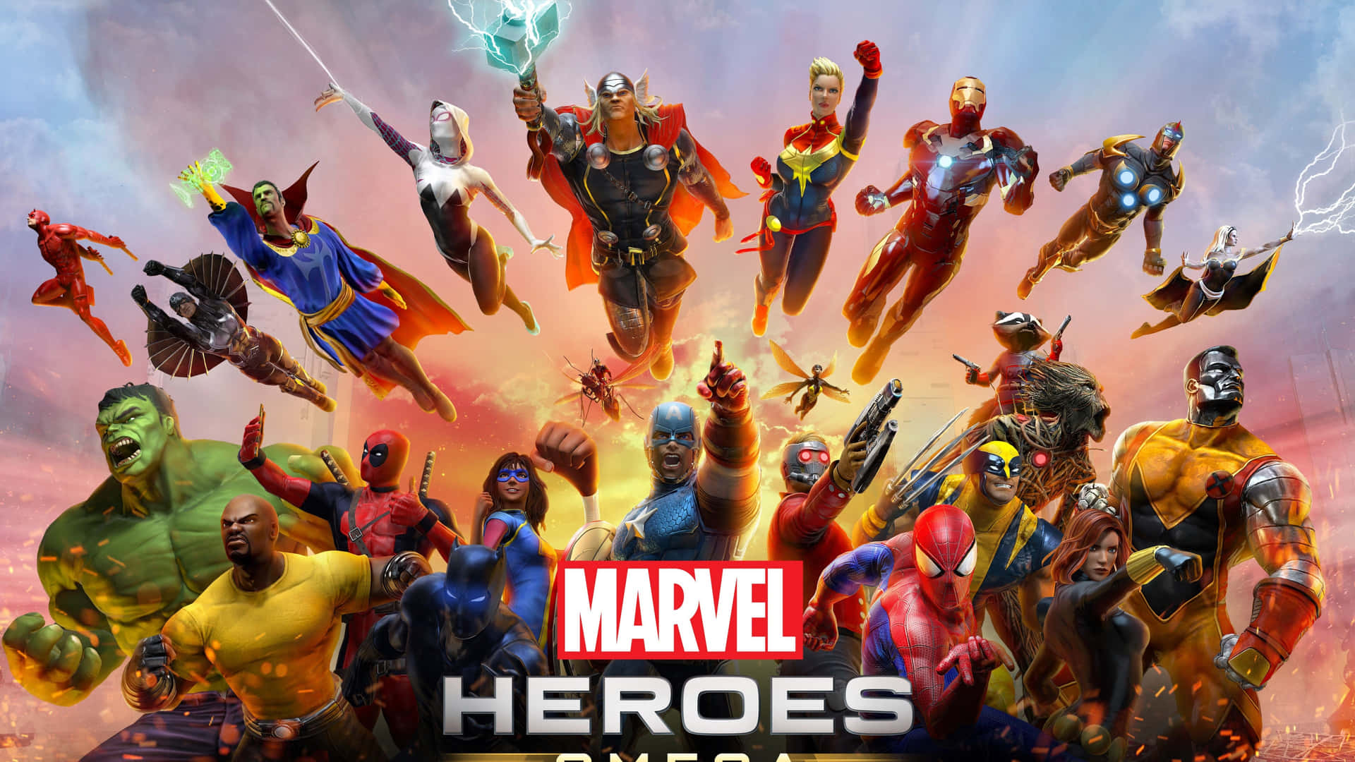 Marvel英雄與反派在熾熱天空下的動作姿態。