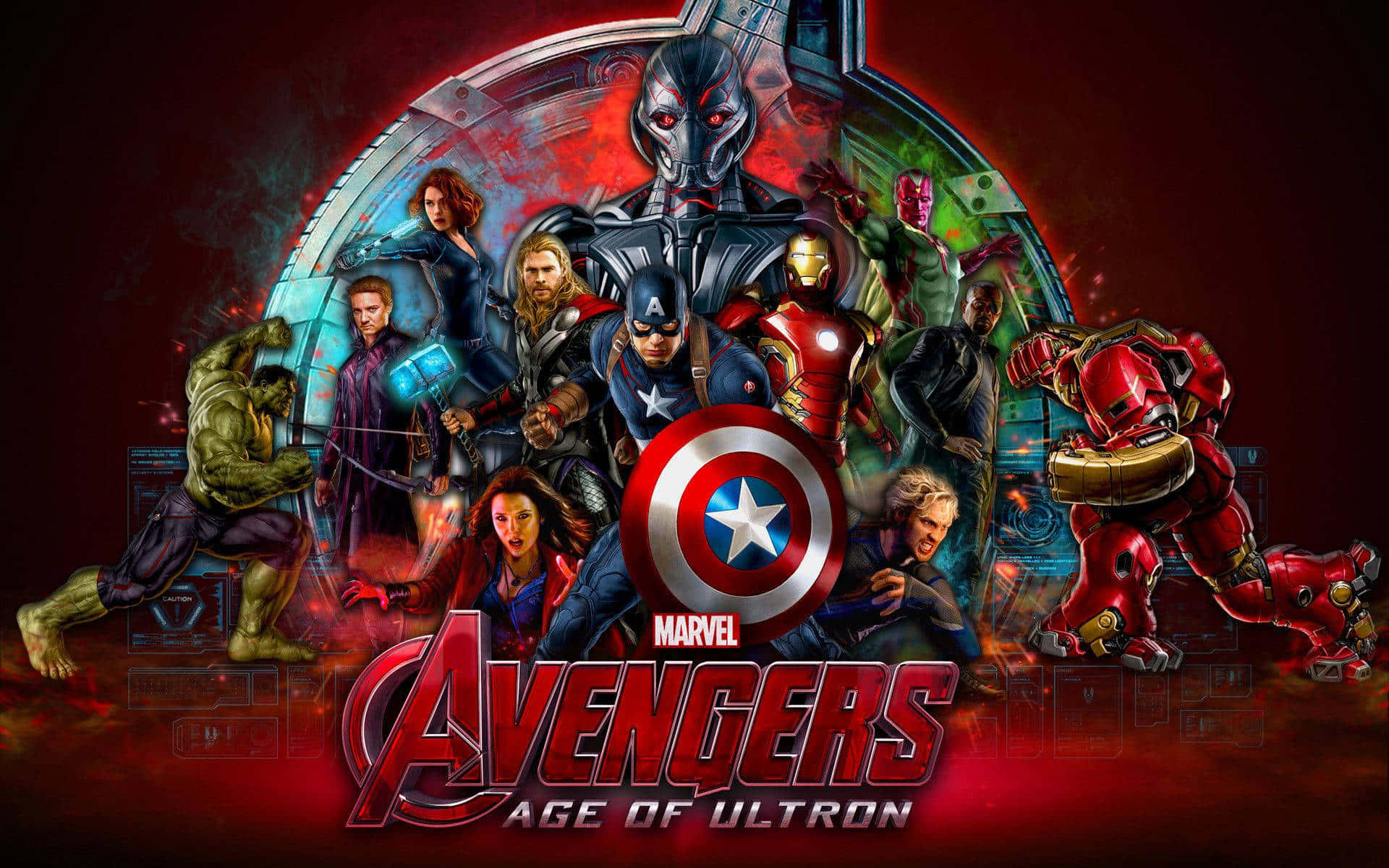 壁紙 — 一群動態的Marvel超級英雄，包括變形俠醫、鐵甲奇俠和美國隊長，在帶有發光科技元素的深紅色背景前準備戰鬥。